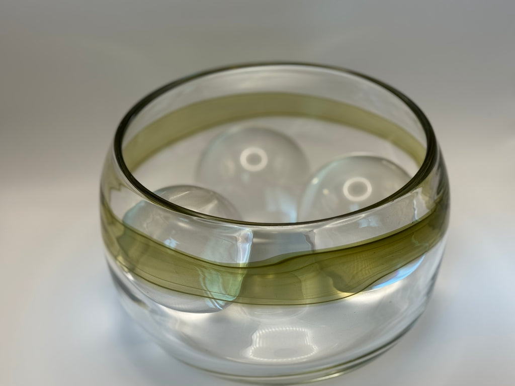 Mid Century Scandinavian Controlled Bubble Art Glass Bowl – Olive Ribbon Centerpiece