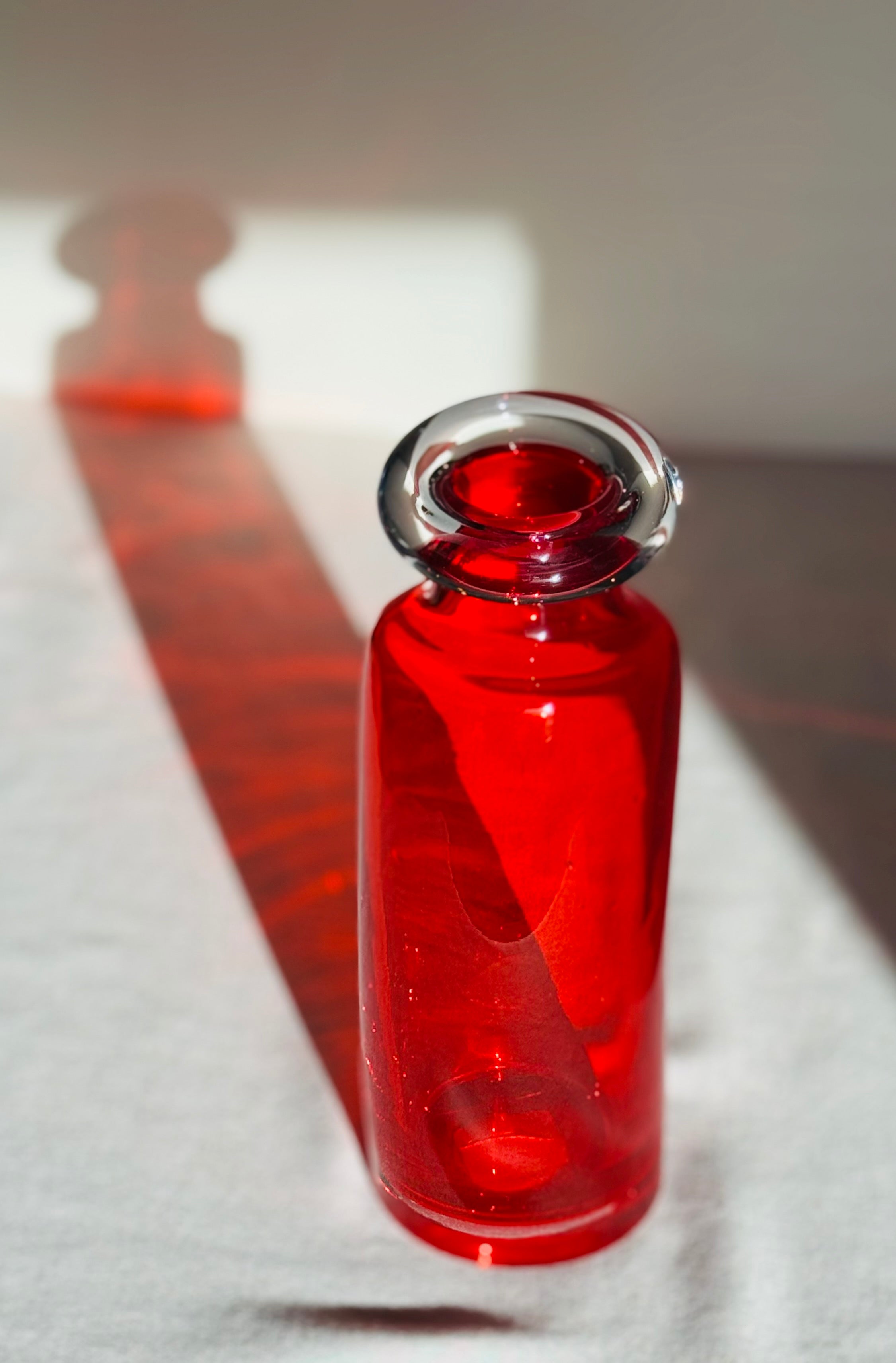 Vintage Ruby Red Art Glass Bottle Vase – Mid Century Scandinavian Style