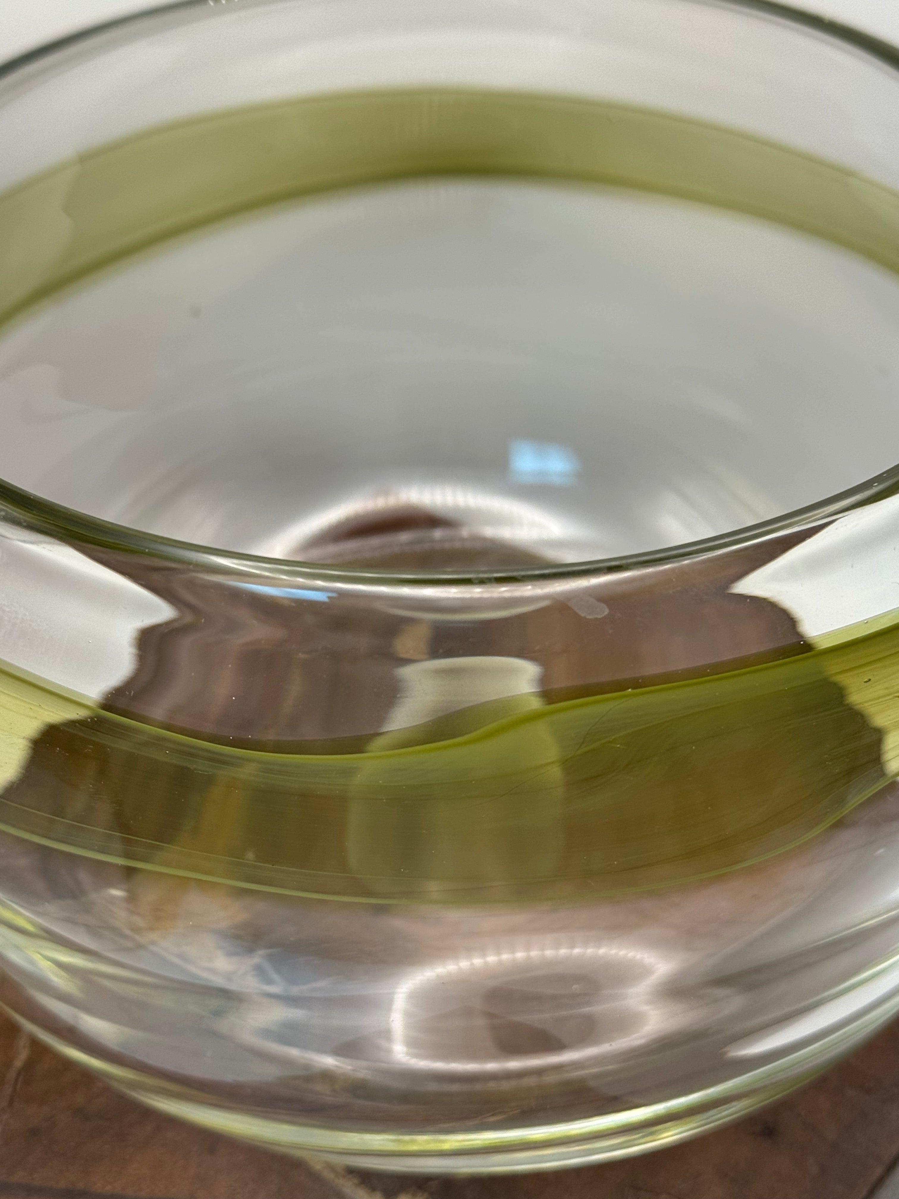 Mid Century Scandinavian Controlled Bubble Art Glass Bowl – Olive Ribbon Centerpiece