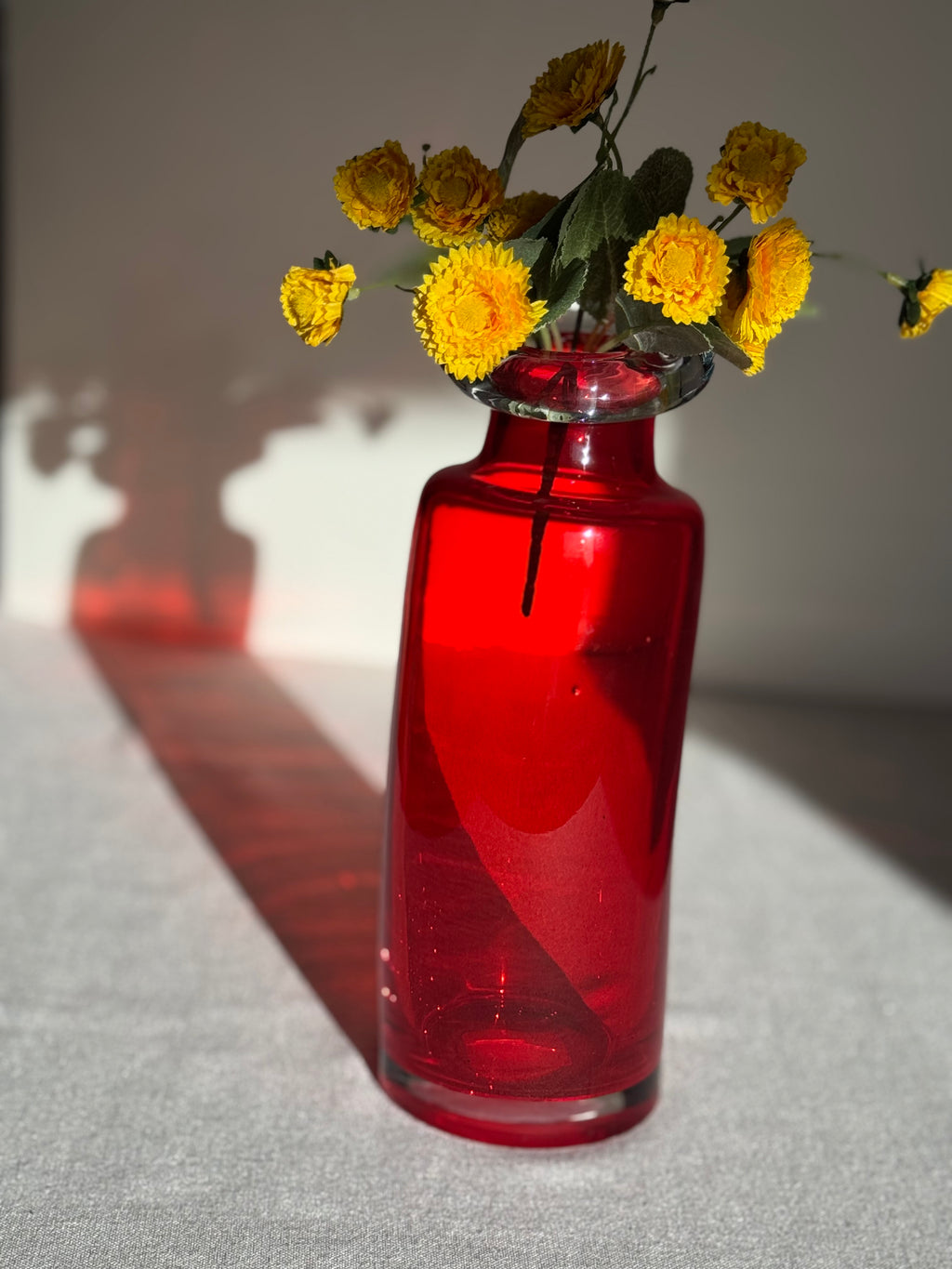 Vintage Ruby Red Art Glass Bottle Vase – Mid Century Scandinavian Style
