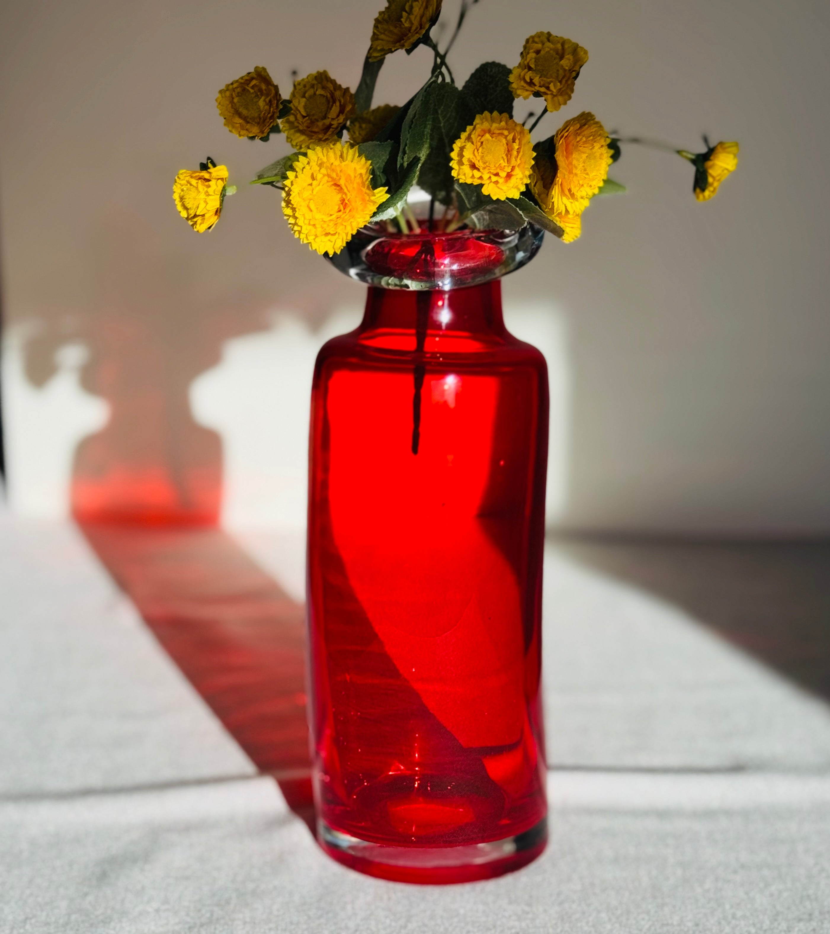 Vintage Ruby Red Art Glass Bottle Vase – Mid Century Scandinavian Style