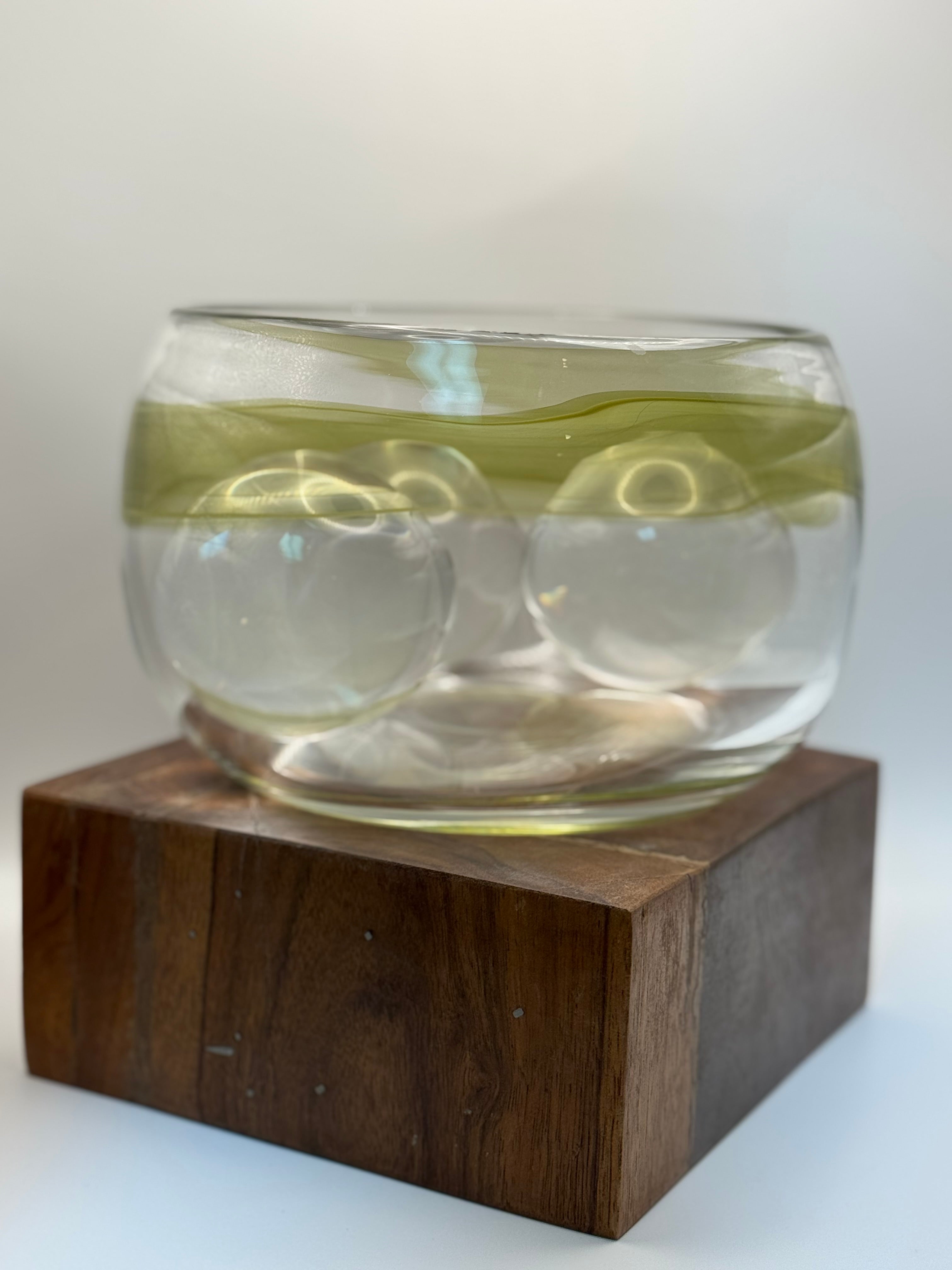 Mid Century Scandinavian Controlled Bubble Art Glass Bowl – Olive Ribbon Centerpiece