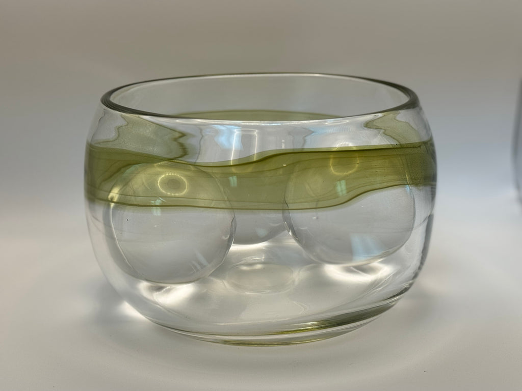 Mid Century Scandinavian Controlled Bubble Art Glass Bowl – Olive Ribbon Centerpiece
