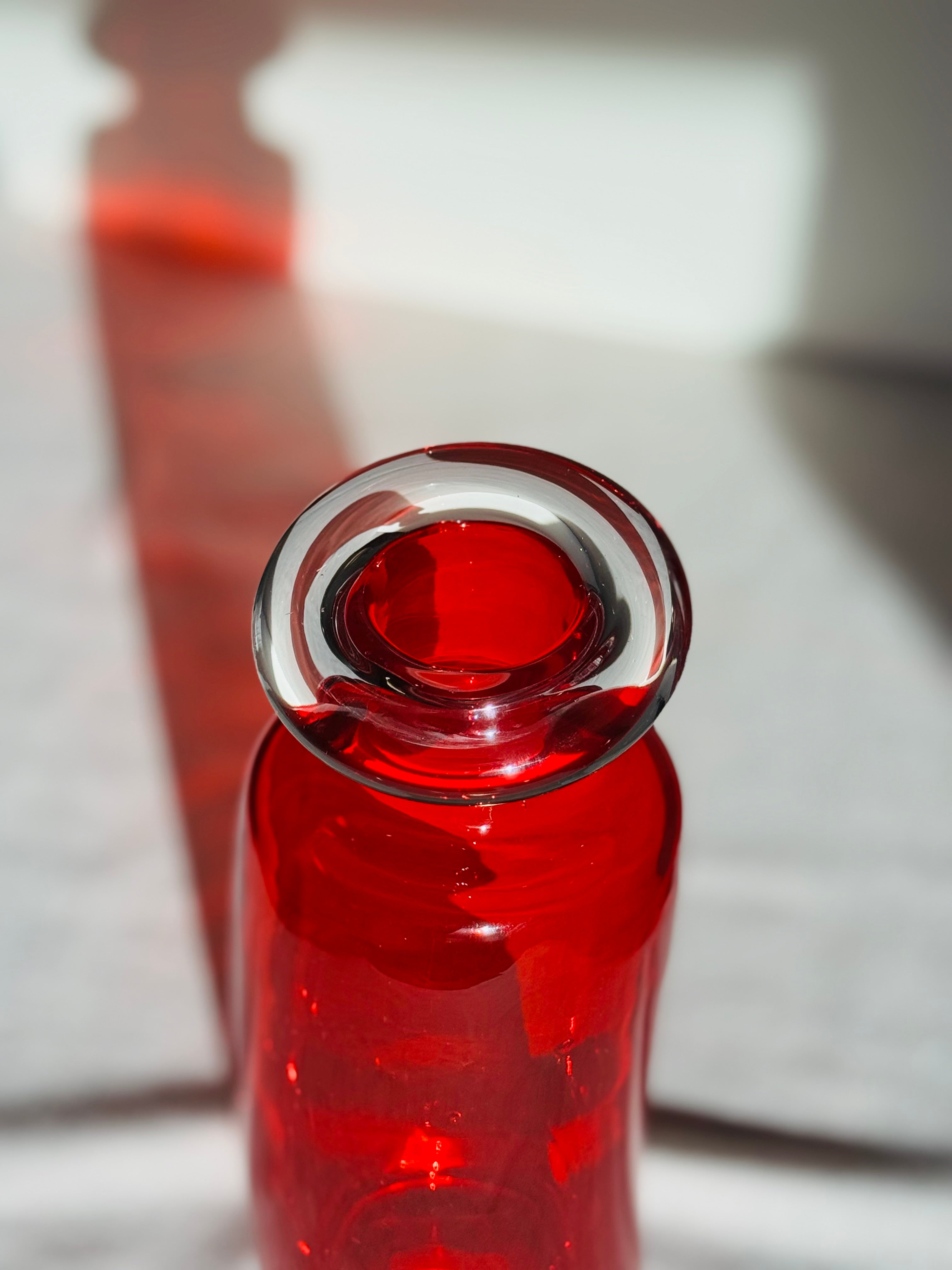 Vintage Ruby Red Art Glass Bottle Vase – Mid Century Scandinavian Style
