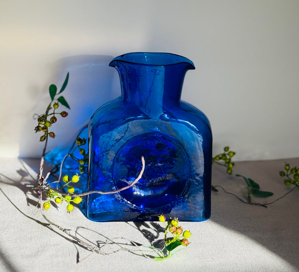 Vintage Cobalt Blue Art Glass Vase – Blenko Style Mid Century Bottle