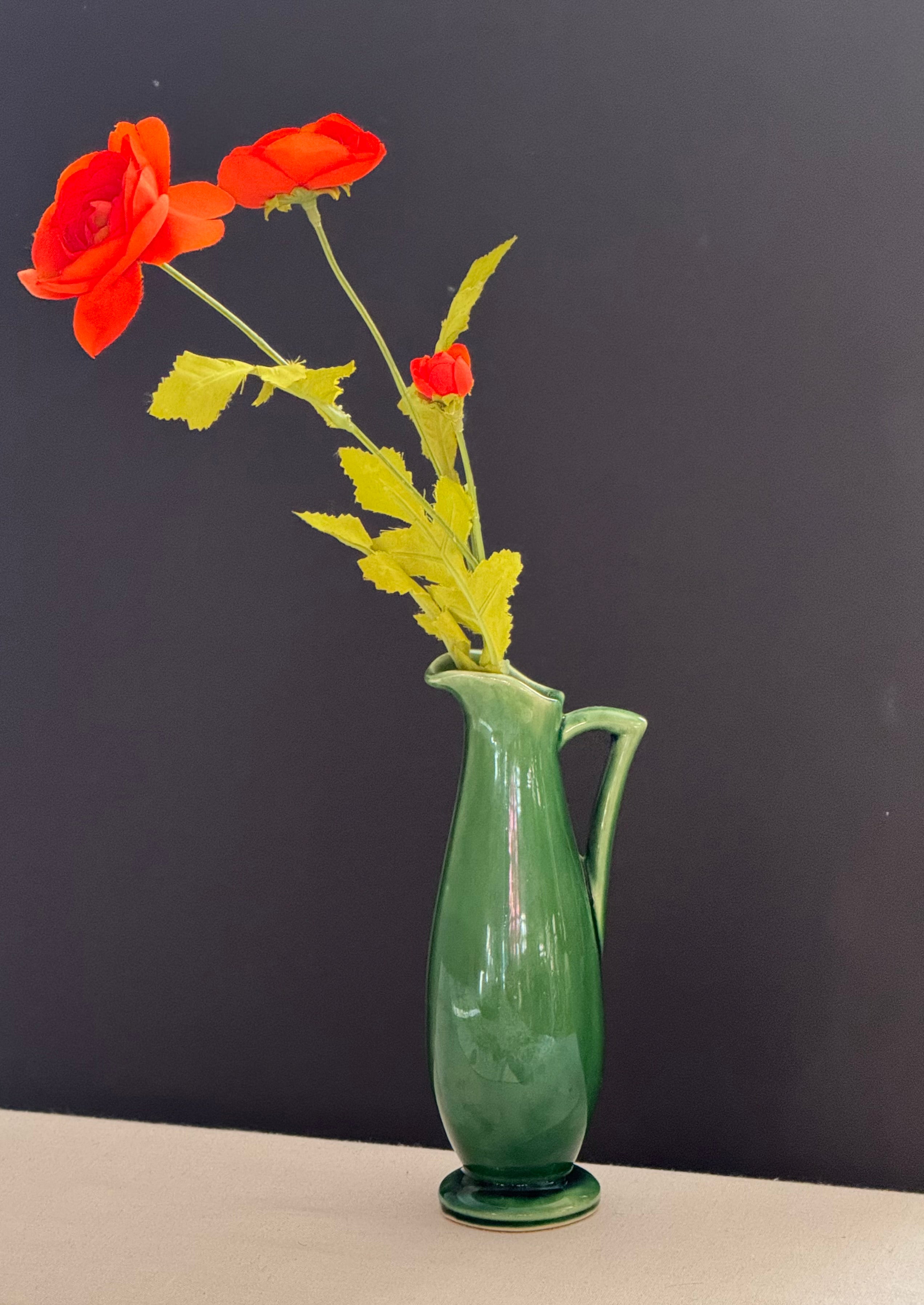 Lovely Mid-Century Green USA Pottery Pitcher Vase | Small Ceramic Ewer | Vintage Shelf Decor