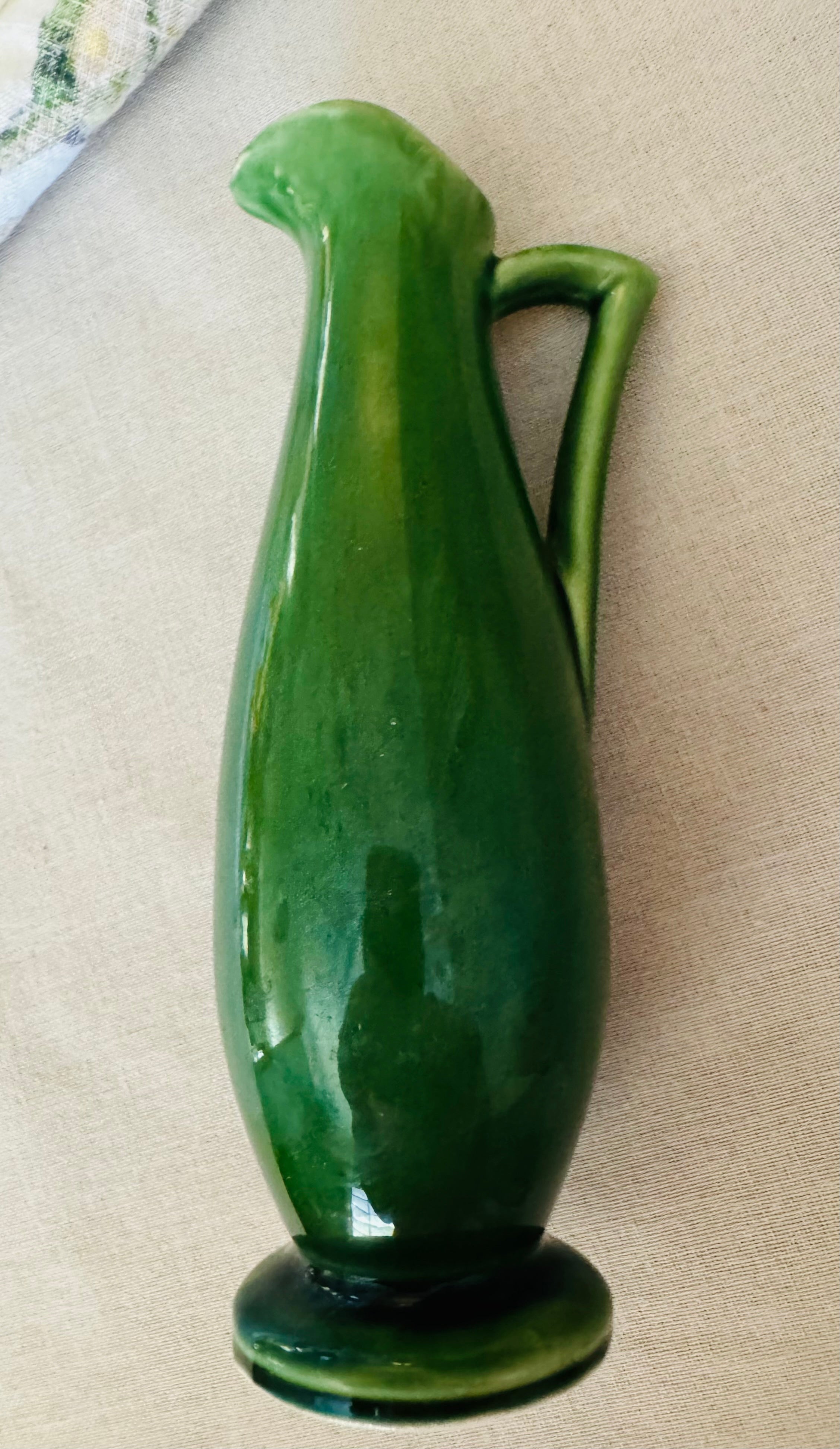 Lovely Mid-Century Green USA Pottery Pitcher Vase | Small Ceramic Ewer | Vintage Shelf Decor