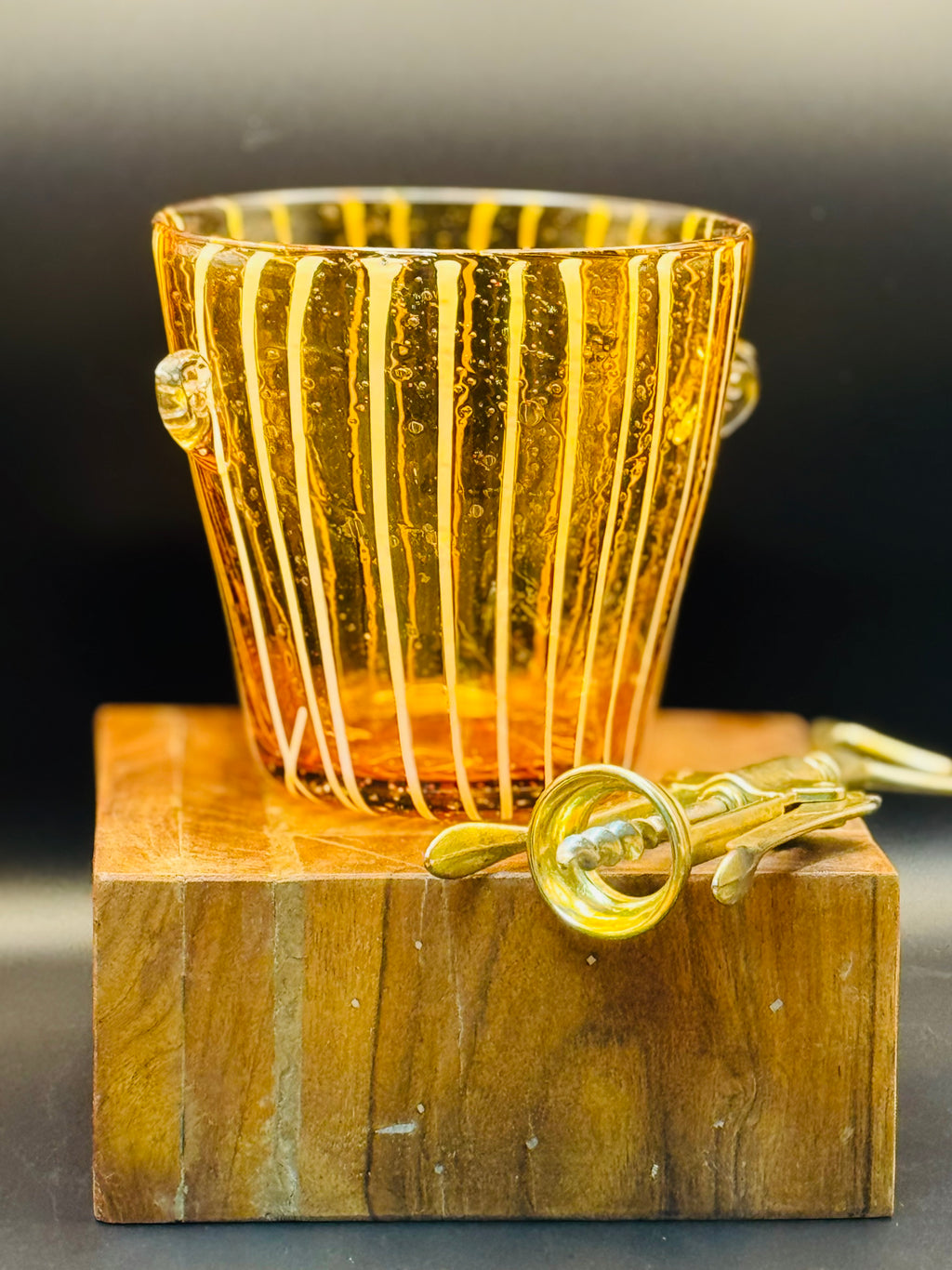 Standout Vintage Amber Art Glass Ice Bucket | Applied White Threading | Mid-Century Barware | Italian Art Glass Style