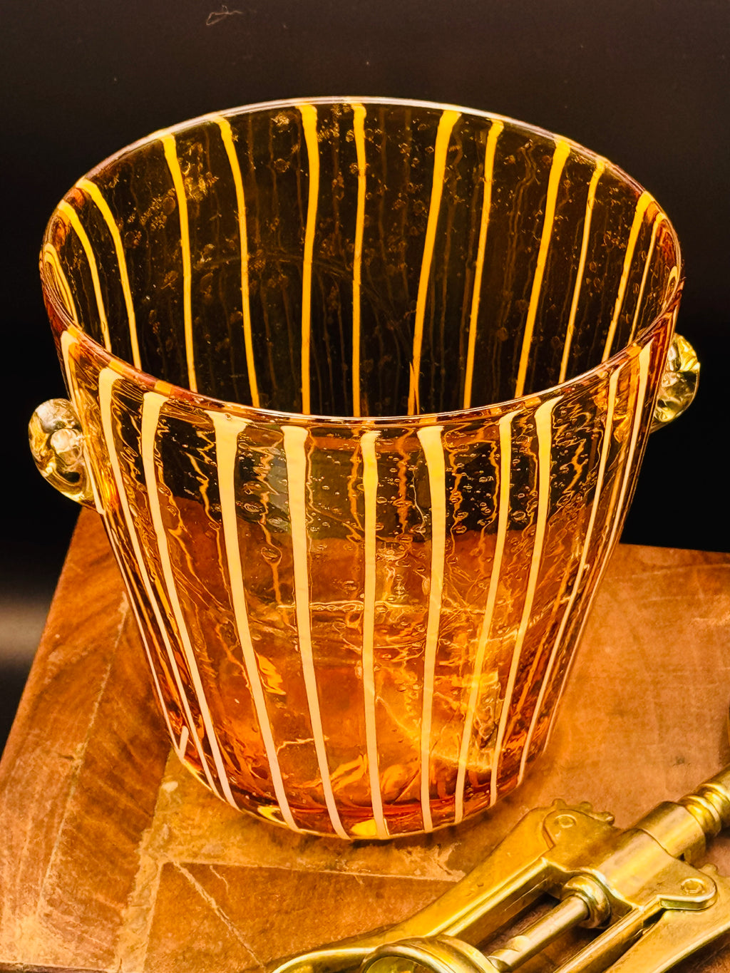Standout Vintage Amber Art Glass Ice Bucket | Applied White Threading | Mid-Century Barware | Italian Art Glass Style