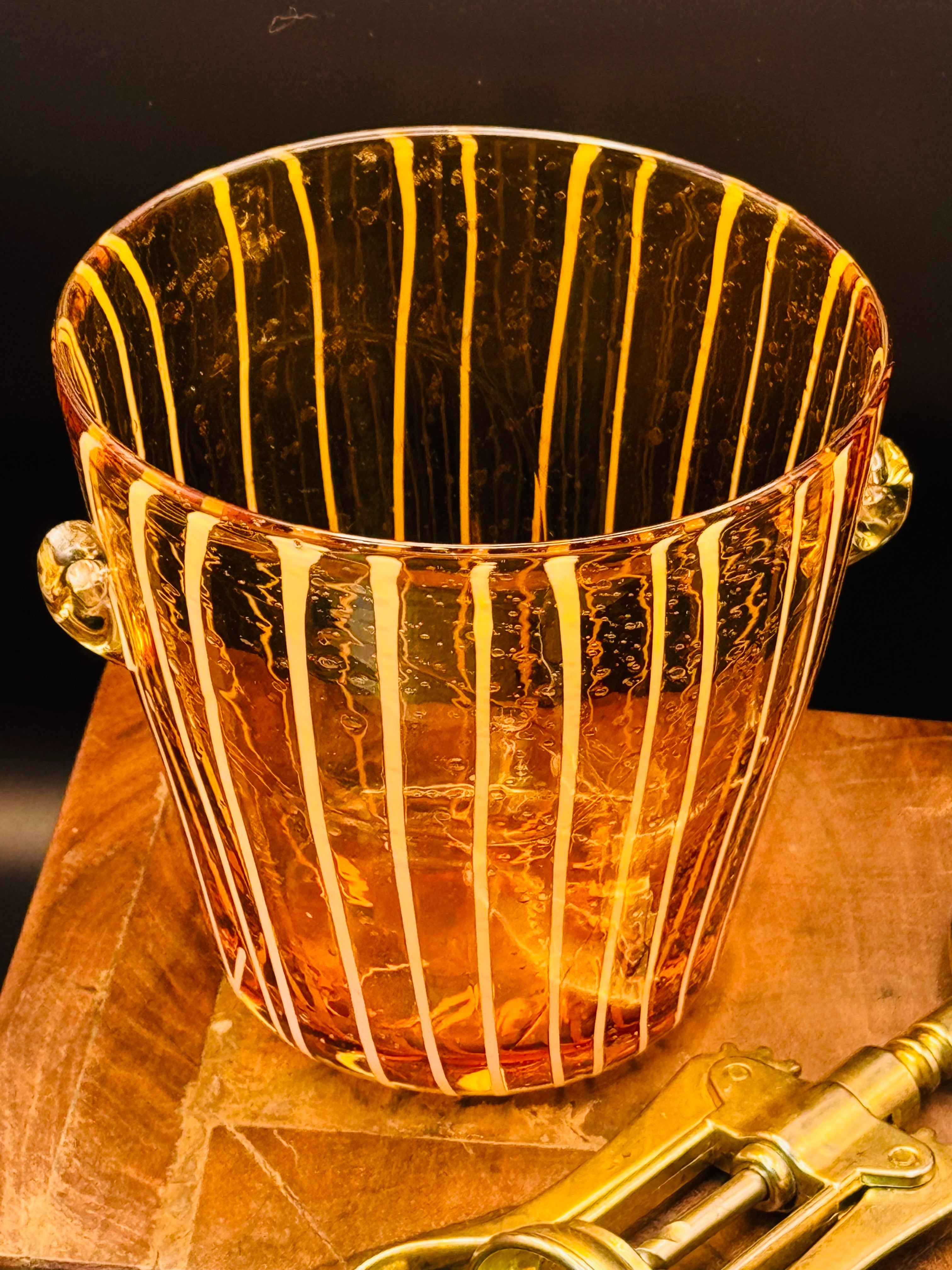 Standout Vintage Amber Art Glass Ice Bucket | Applied White Threading | Mid-Century Barware | Italian Art Glass Style
