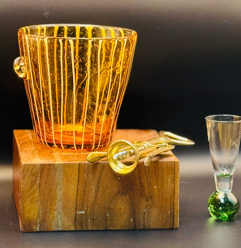 Standout Vintage Amber Art Glass Ice Bucket | Applied White Threading | Mid-Century Barware | Italian Art Glass Style