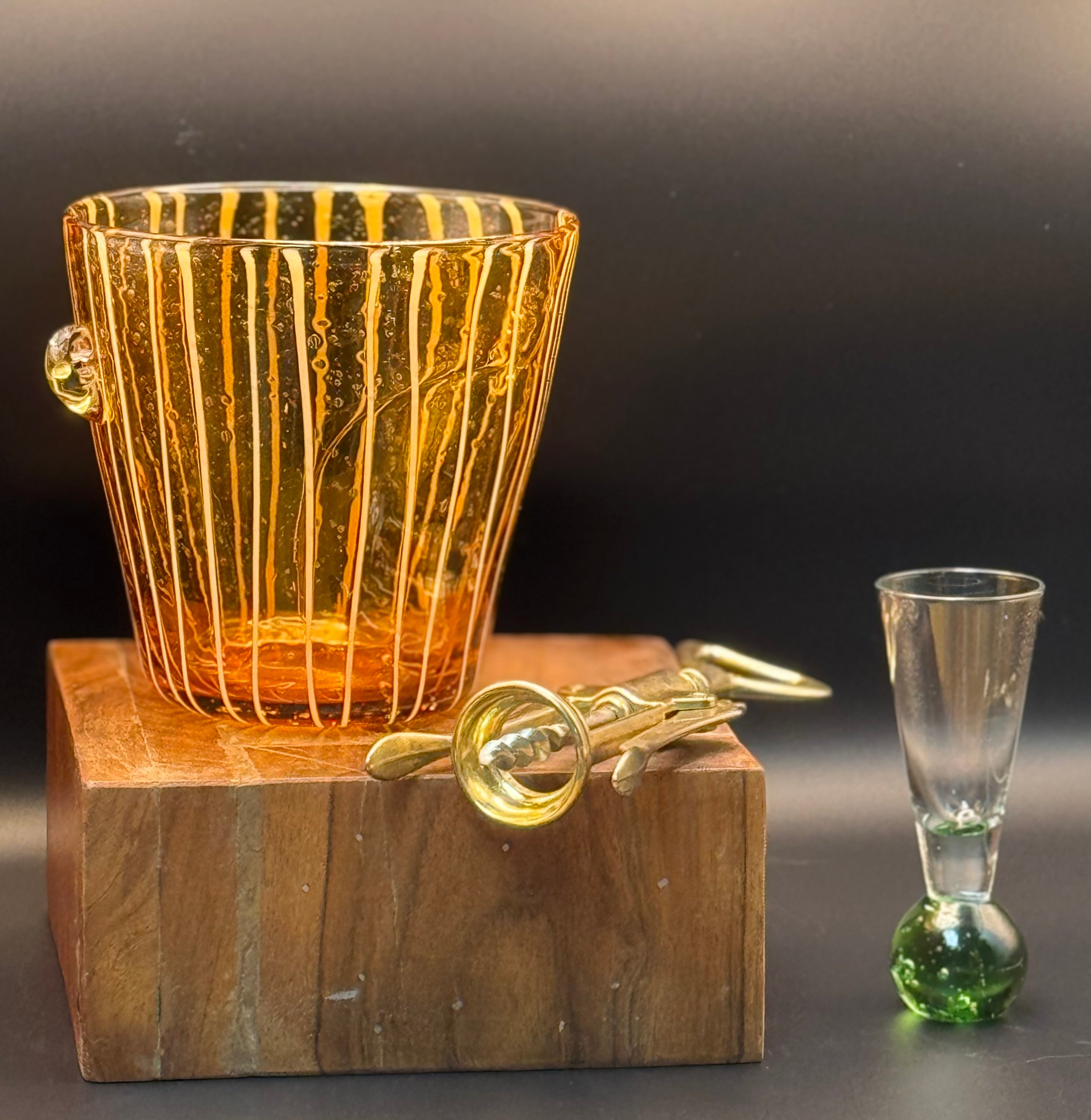 Standout Vintage Amber Art Glass Ice Bucket | Applied White Threading | Mid-Century Barware | Italian Art Glass Style
