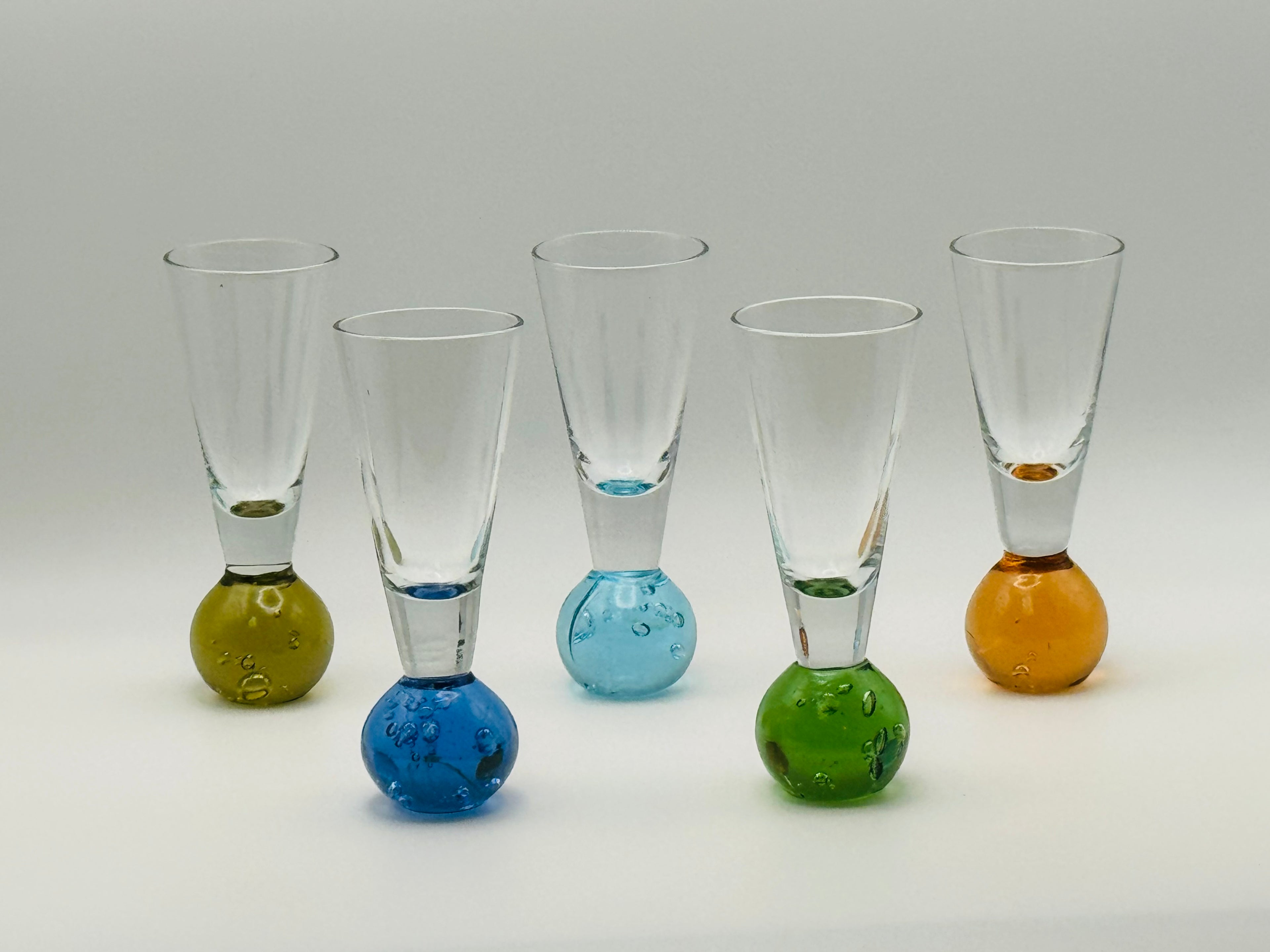 Gorgeous Vintage Italian Art Glass Cordial Glasses | Bubble Base Stemware | Set of 5 | Mid-Century Barware