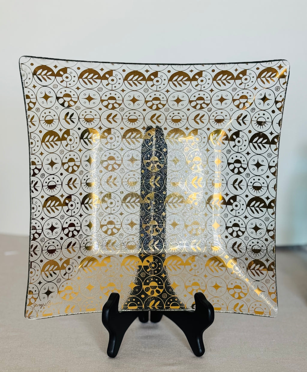 Stunning Georges Briard Mid Century Gold Enamel Glass Bar Tray | Atomic Pattern | 11 Inch Square