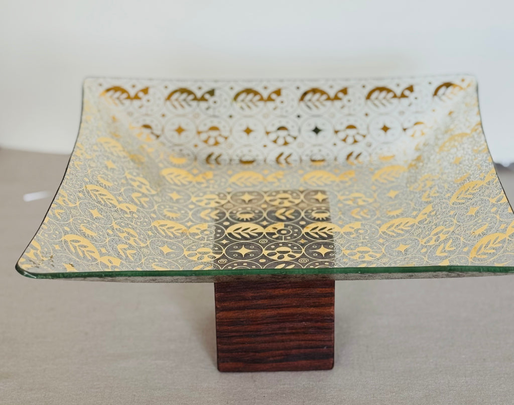 Stunning Georges Briard Mid Century Gold Enamel Glass Bar Tray | Atomic Pattern | 11 Inch Square
