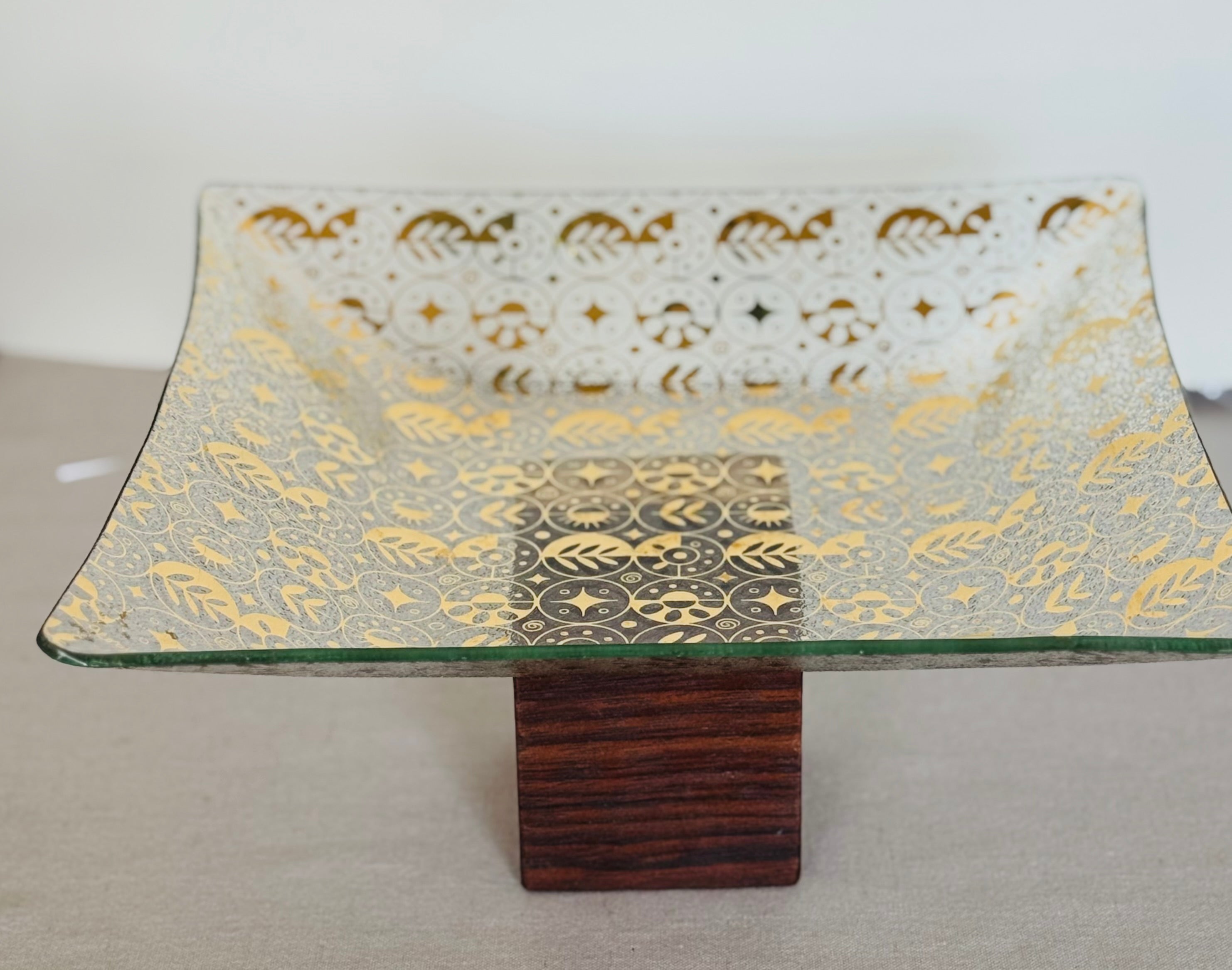 Stunning Georges Briard Mid Century Gold Enamel Glass Bar Tray | Atomic Pattern | 11 Inch Square