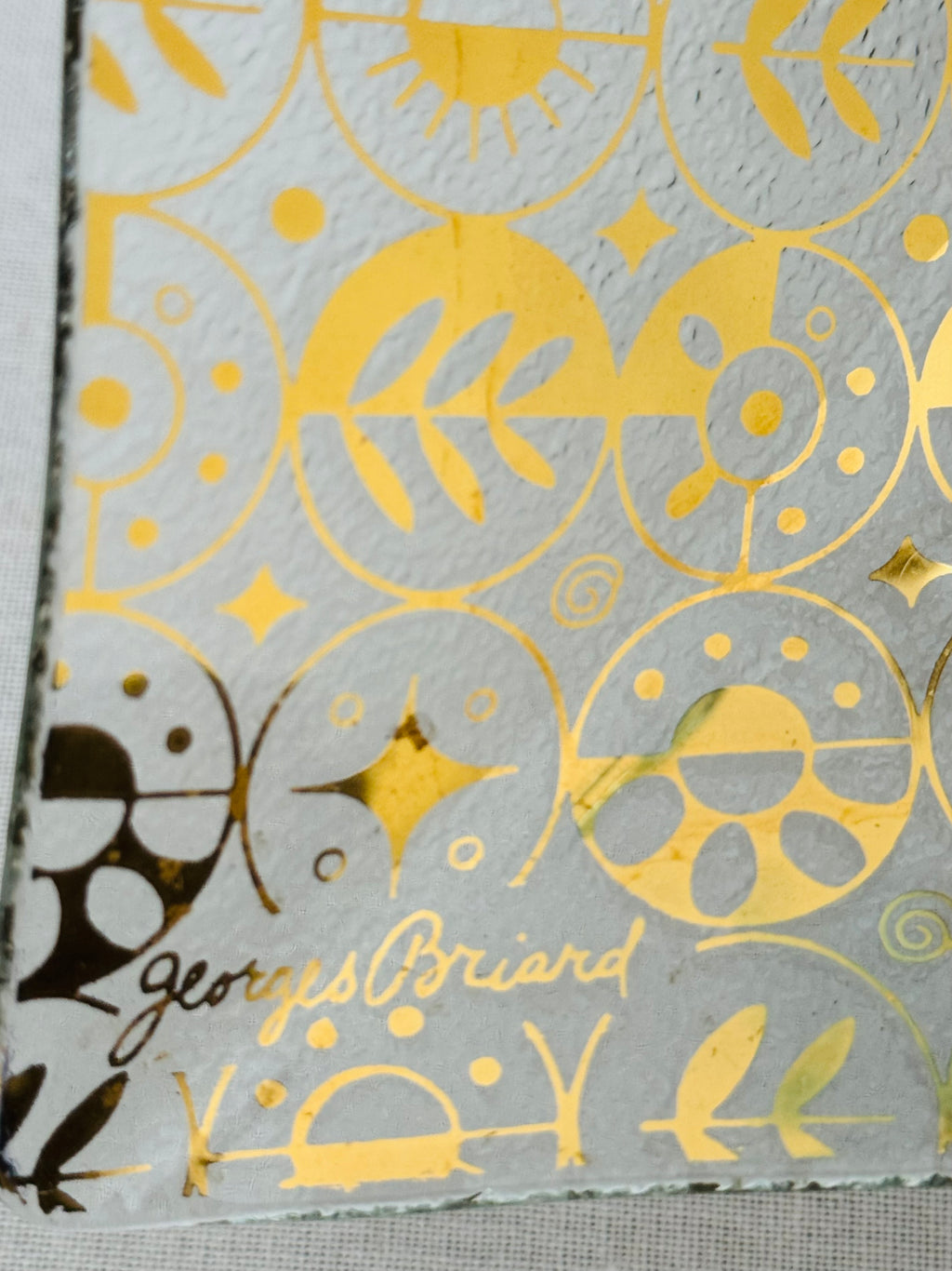 Stunning Georges Briard Mid Century Gold Enamel Glass Bar Tray | Atomic Pattern | 11 Inch Square