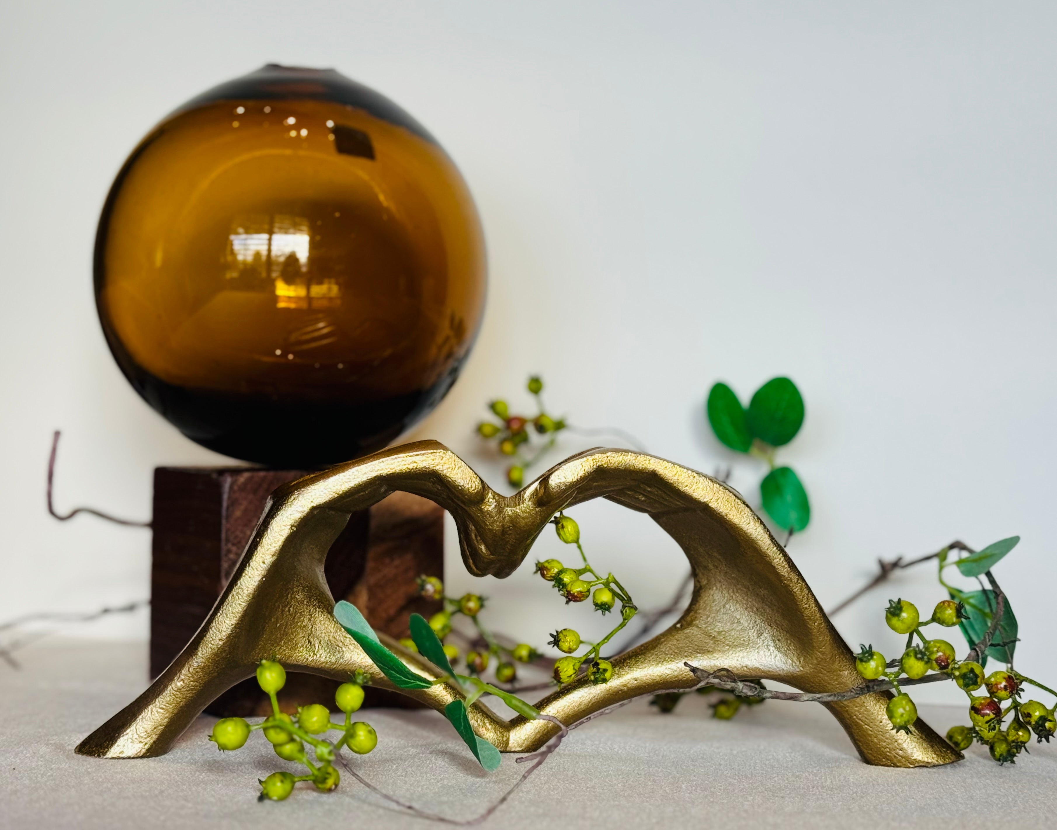 Vintage Solid Brass Heart Hands Sculpture — 1970s Cast Brass Love Sculpture — Mid Century Modern Decor Object