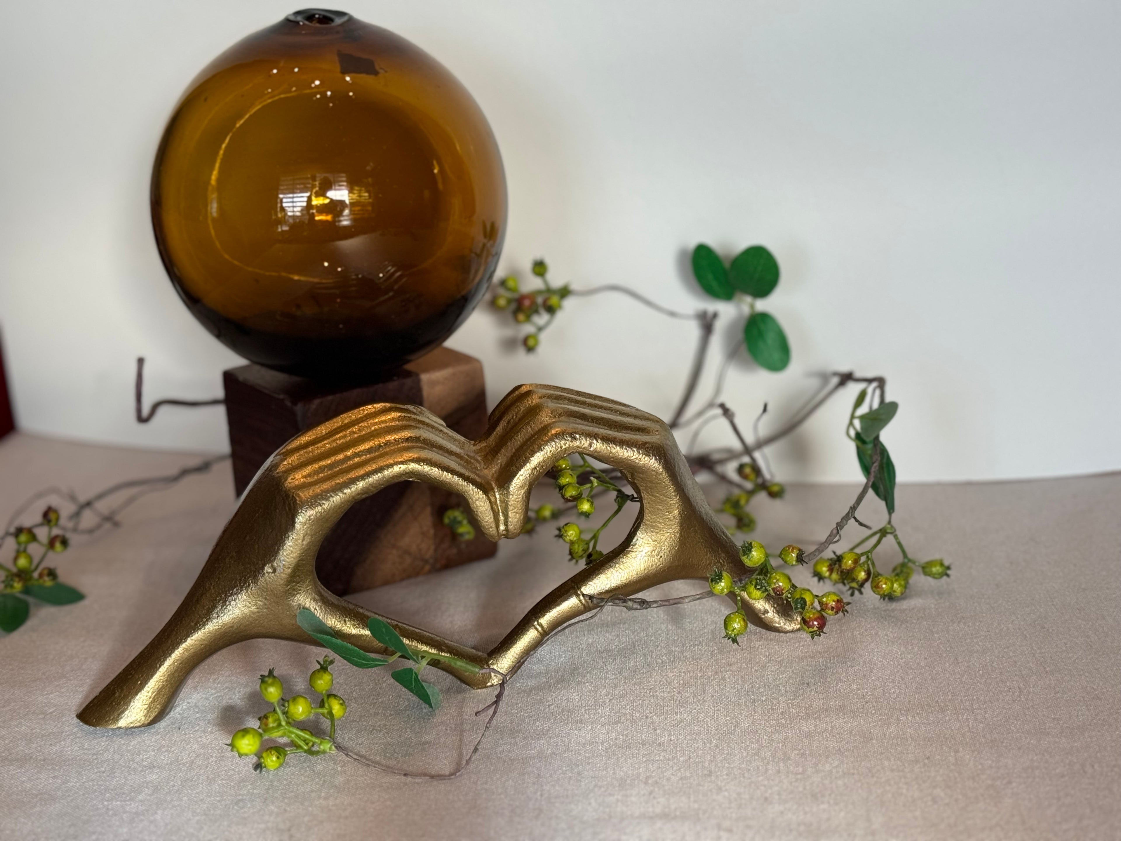 Vintage Solid Brass Heart Hands Sculpture — 1970s Cast Brass Love Sculpture — Mid Century Modern Decor Object