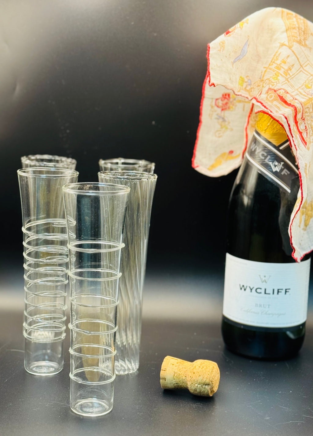 Vintage Spiral Champagne Flutes — Mixed Set of 6 — Optic Twist & Applied Glass Wrap — 1980s Barware
