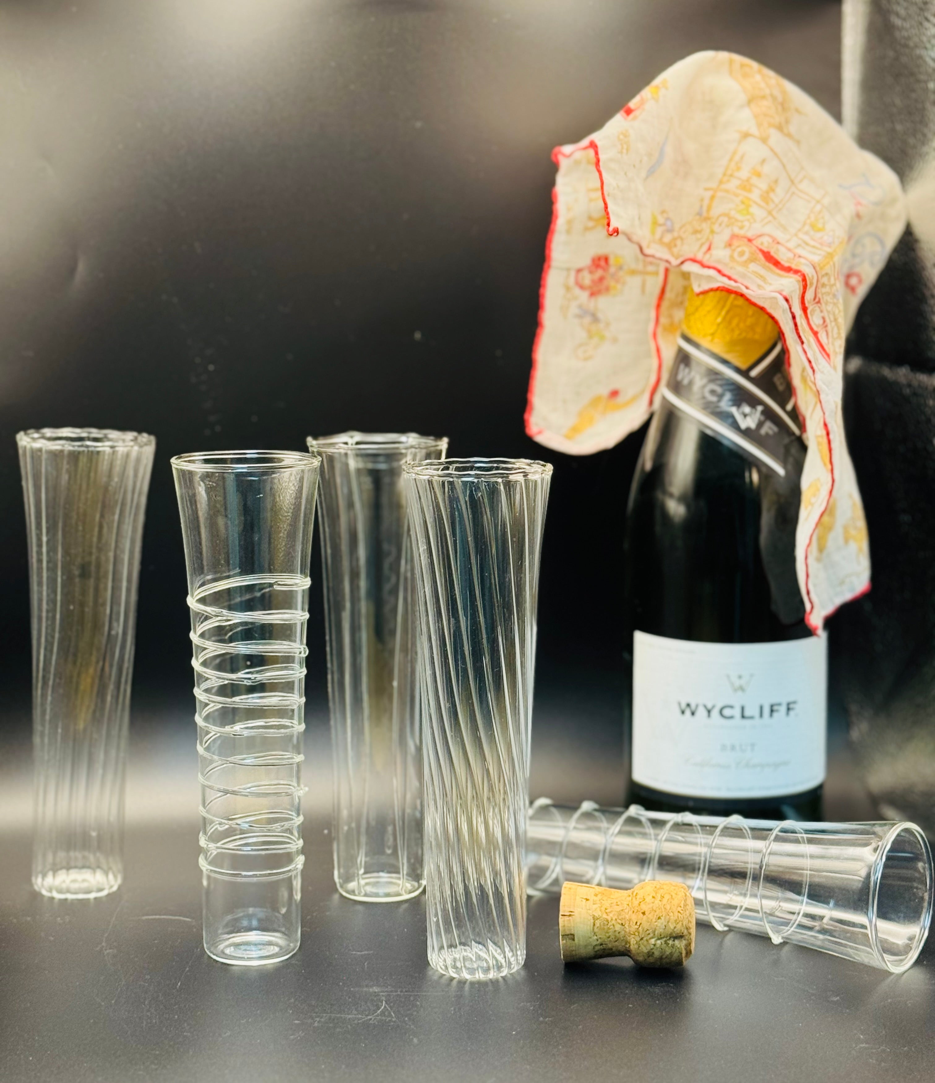 Vintage Spiral Champagne Flutes — Mixed Set of 6 — Optic Twist & Applied Glass Wrap — 1980s Barware