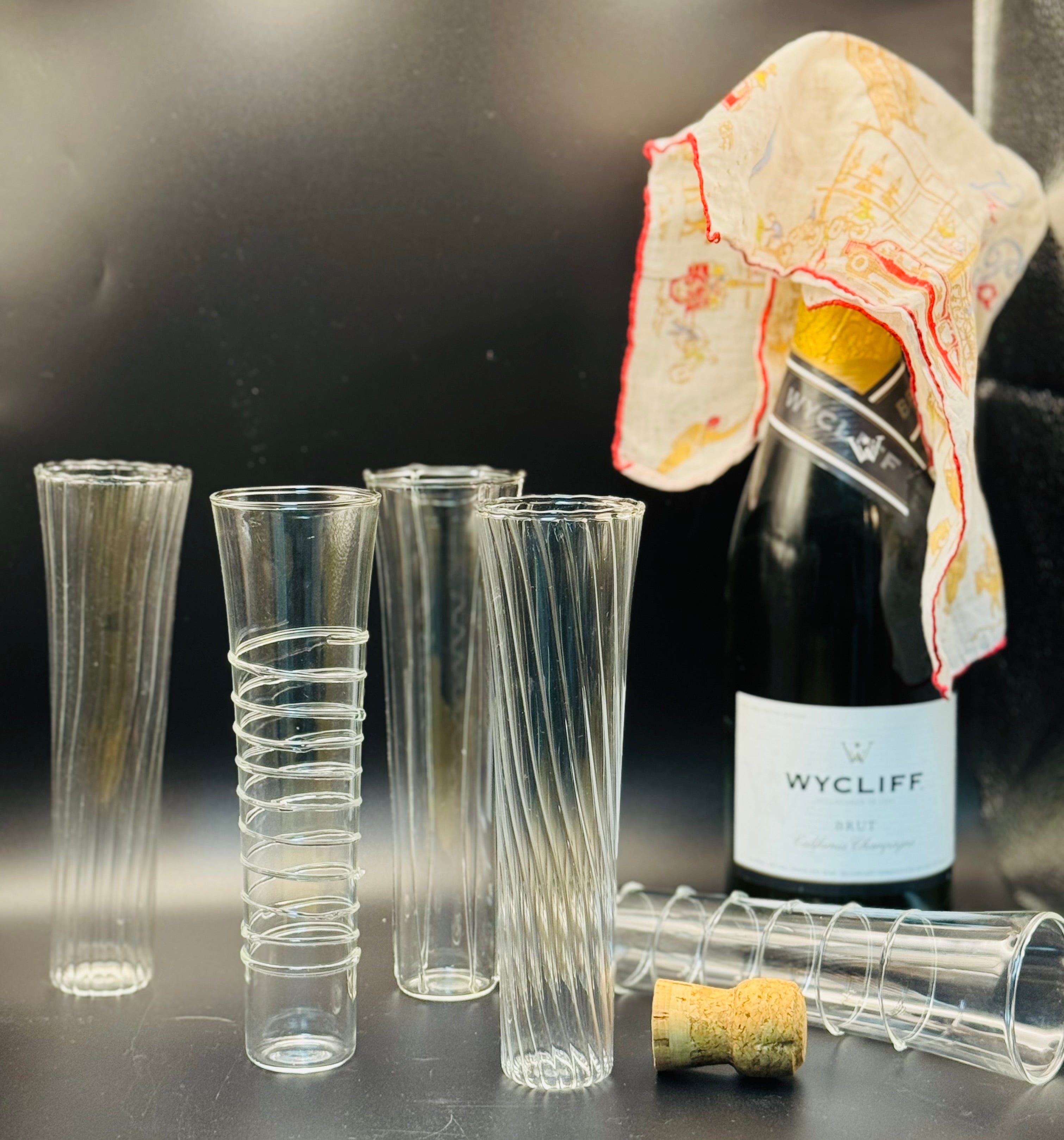 Vintage Spiral Champagne Flutes — Mixed Set of 6 — Optic Twist & Applied Glass Wrap — 1980s Barware