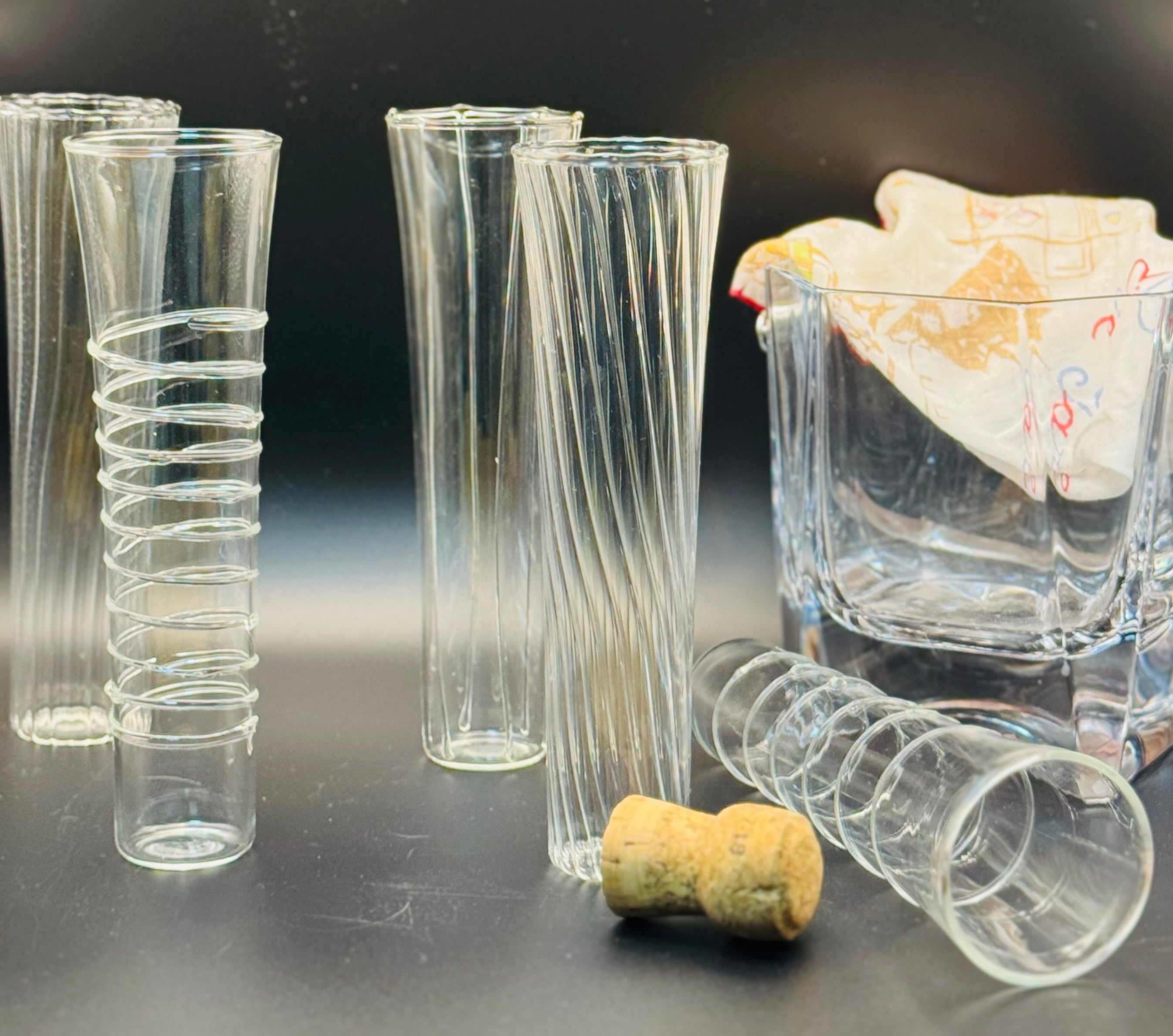 Vintage Spiral Champagne Flutes — Mixed Set of 6 — Optic Twist & Applied Glass Wrap — 1980s Barware