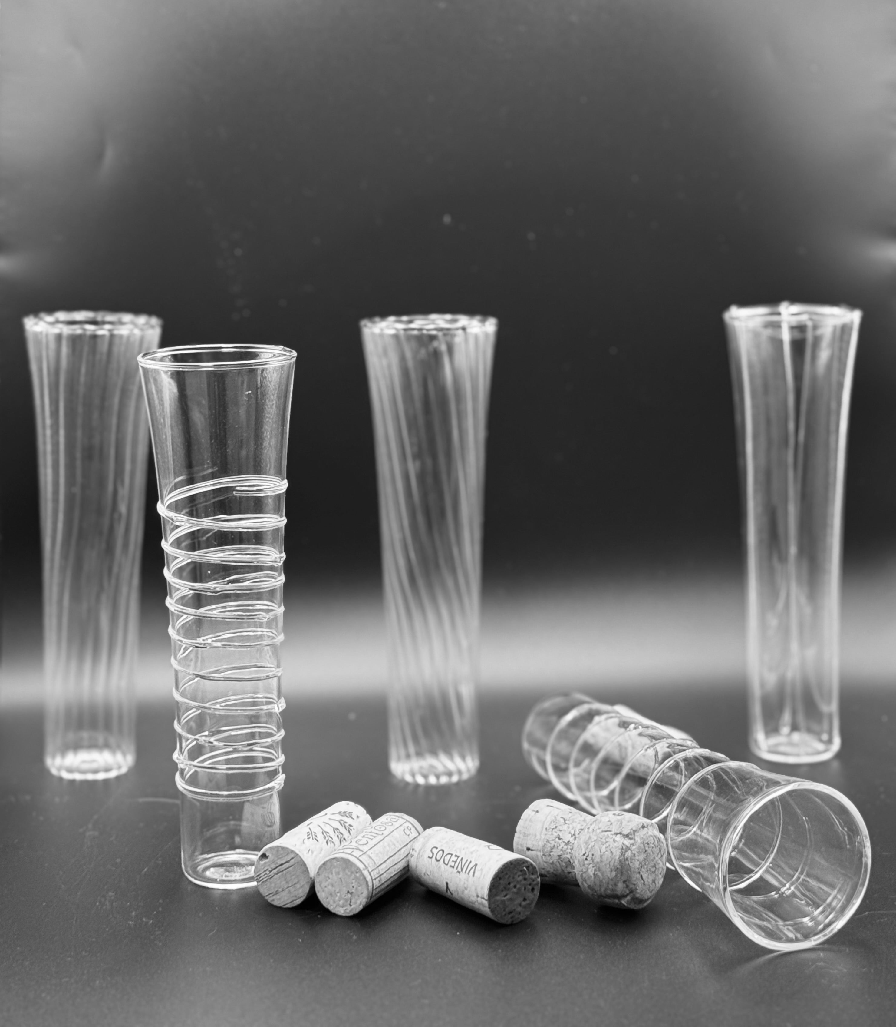 Vintage Spiral Champagne Flutes — Mixed Set of 6 — Optic Twist & Applied Glass Wrap — 1980s Barware