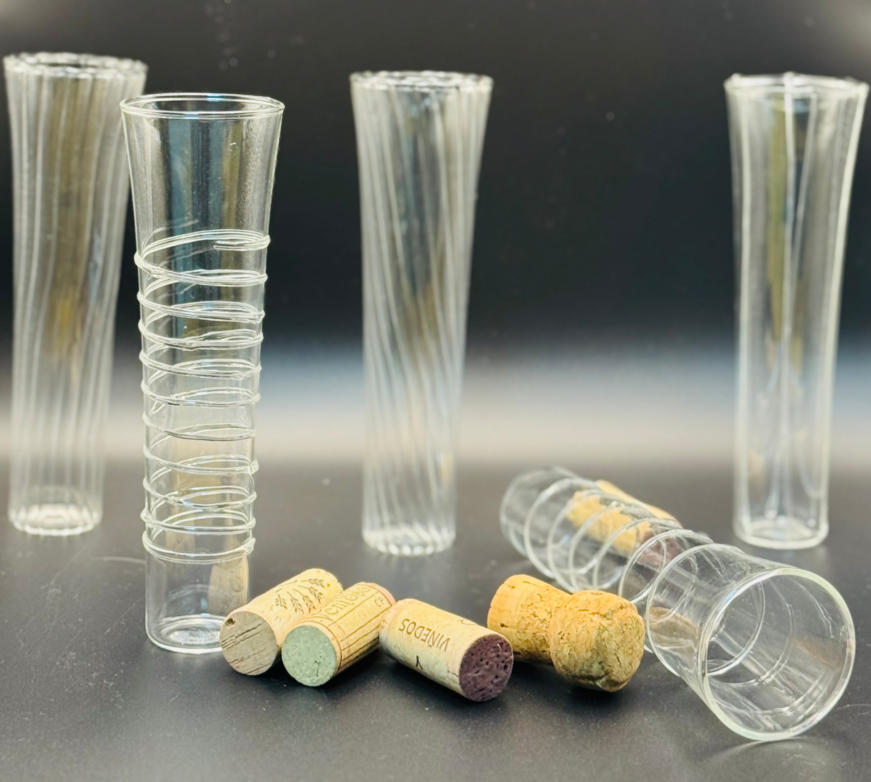 Vintage Spiral Champagne Flutes — Mixed Set of 6 — Optic Twist & Applied Glass Wrap — 1980s Barware