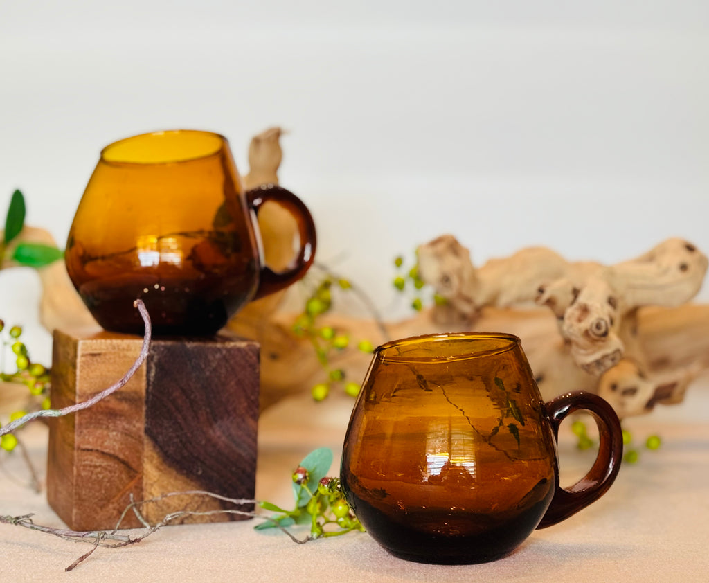 Vintage Amber Hand-Blown Glass Mugs — Set of 2 — 1970s Studio Art Glass Coffee Cups with Applied Handles