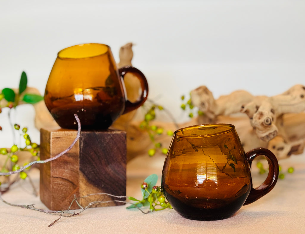 Vintage Amber Hand-Blown Glass Mugs — Set of 2 — 1970s Studio Art Glass Coffee Cups with Applied Handles