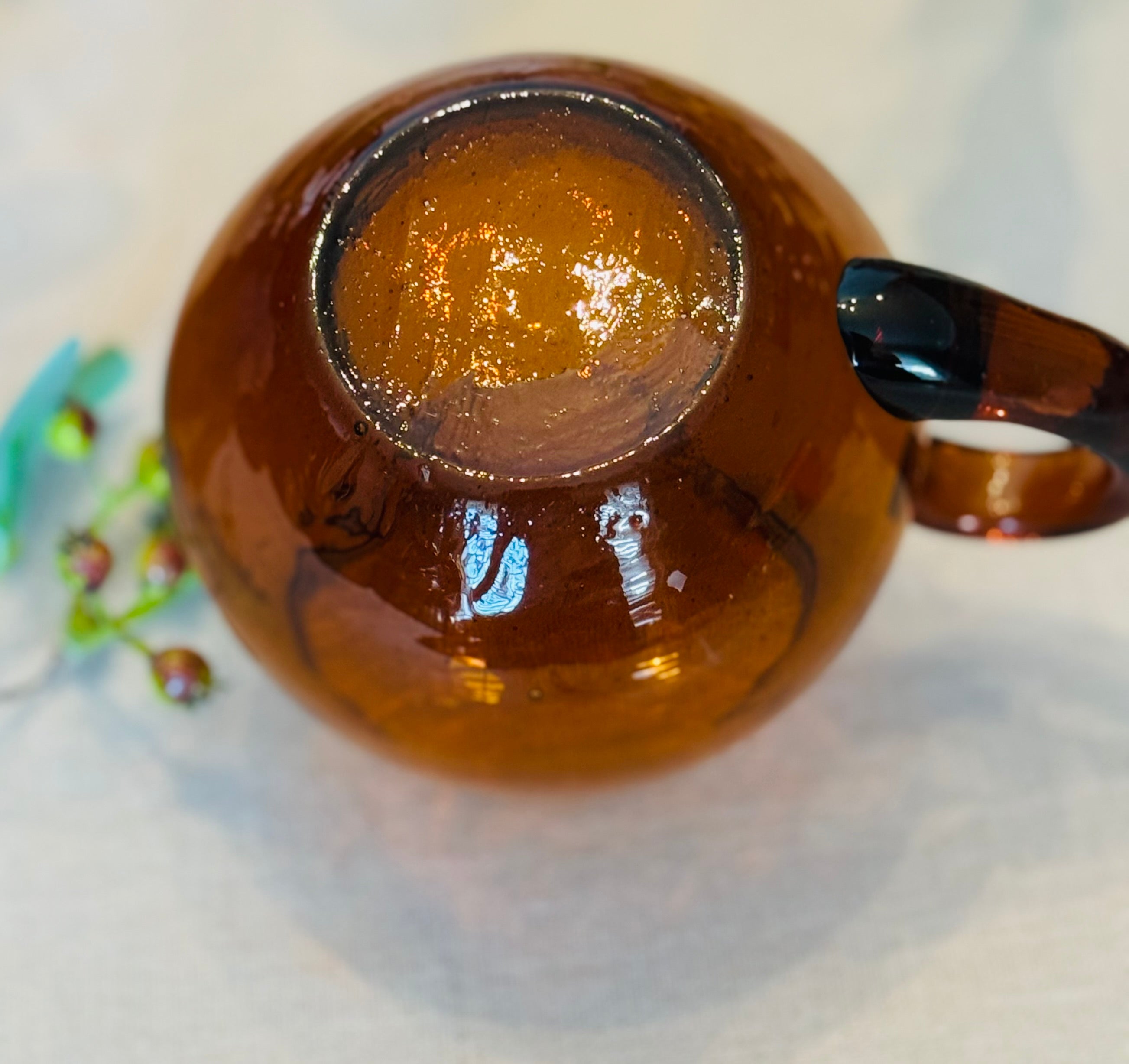Vintage Amber Hand-Blown Glass Mugs — Set of 2 — 1970s Studio Art Glass Coffee Cups with Applied Handles