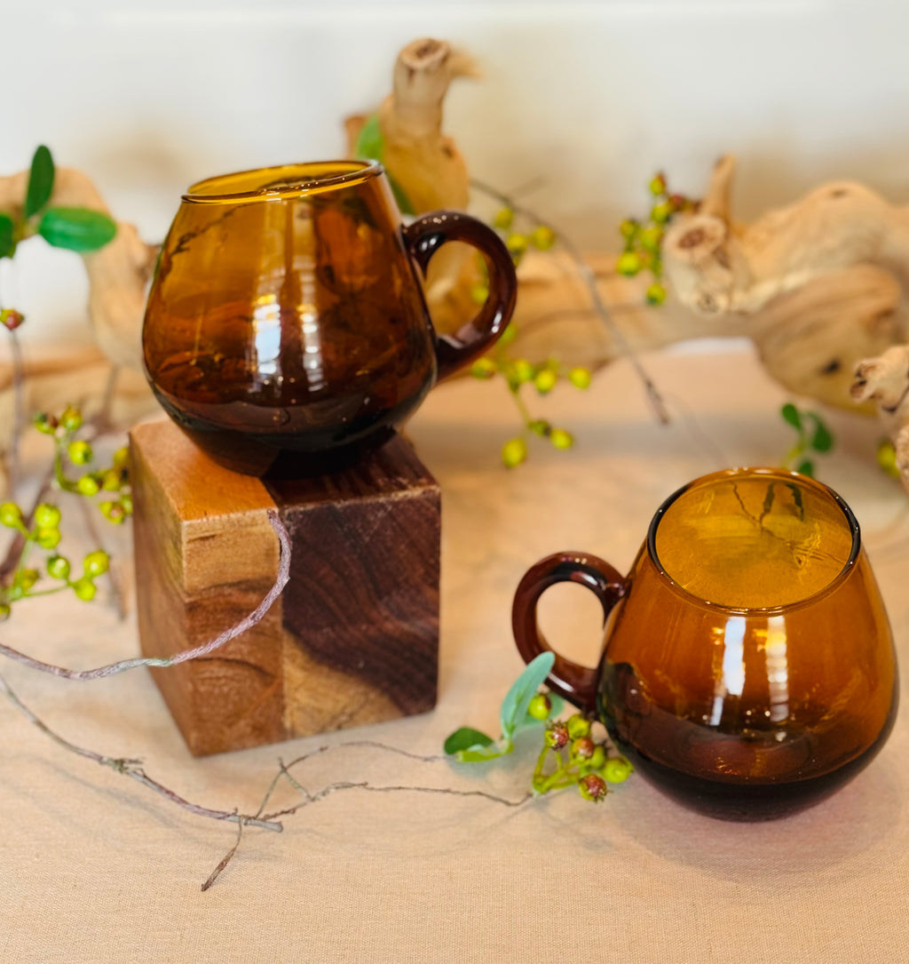Vintage Amber Hand-Blown Glass Mugs — Set of 2 — 1970s Studio Art Glass Coffee Cups with Applied Handles