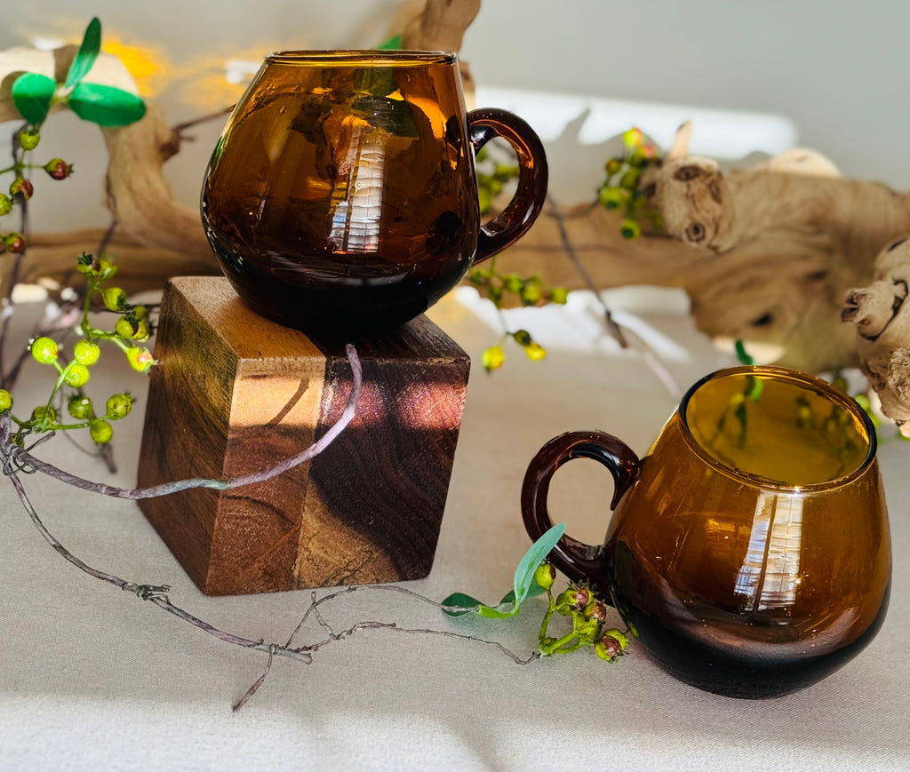 Vintage Amber Hand-Blown Glass Mugs — Set of 2 — 1970s Studio Art Glass Coffee Cups with Applied Handles