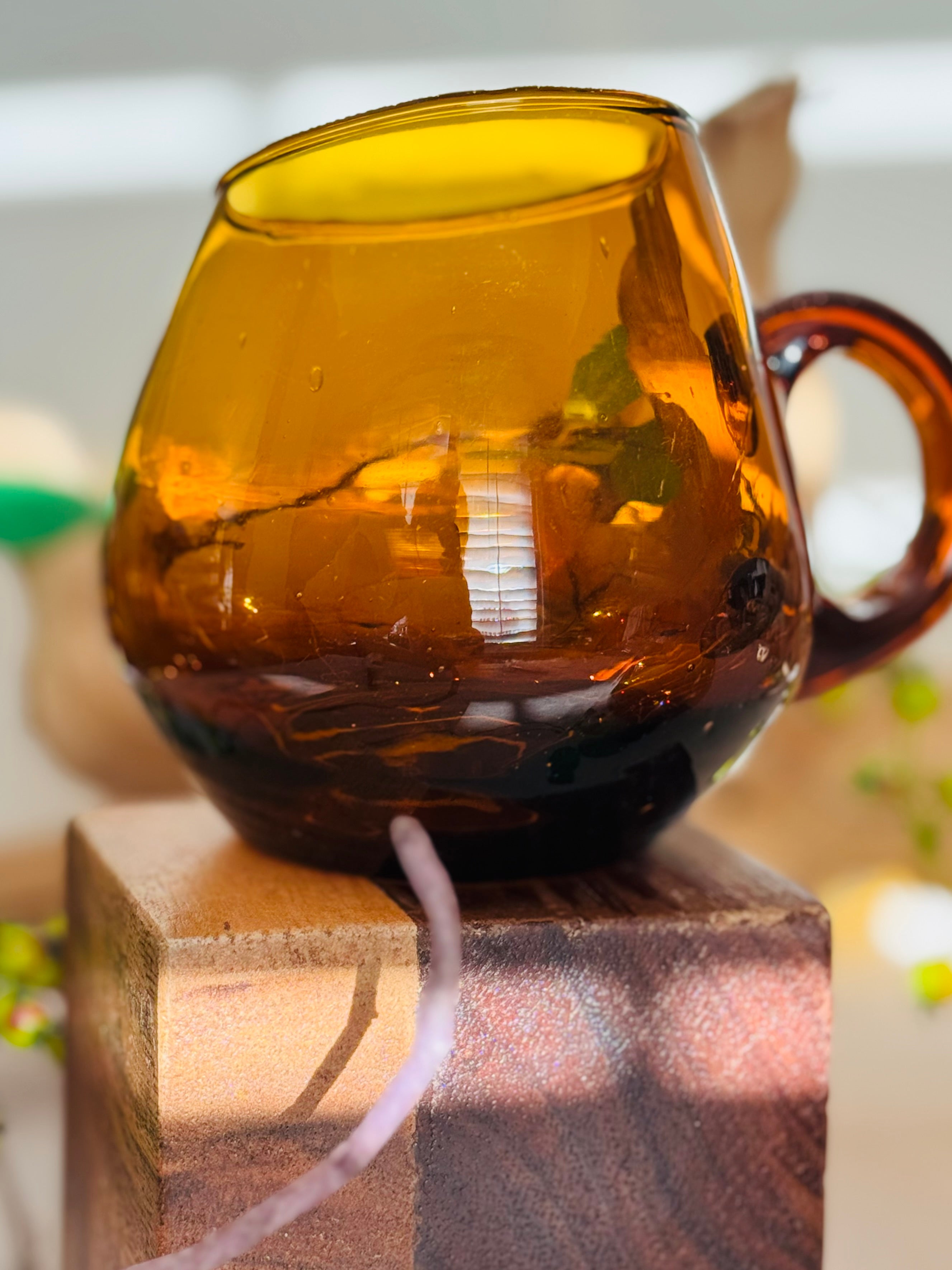 Vintage Amber Hand-Blown Glass Mugs — Set of 2 — 1970s Studio Art Glass Coffee Cups with Applied Handles