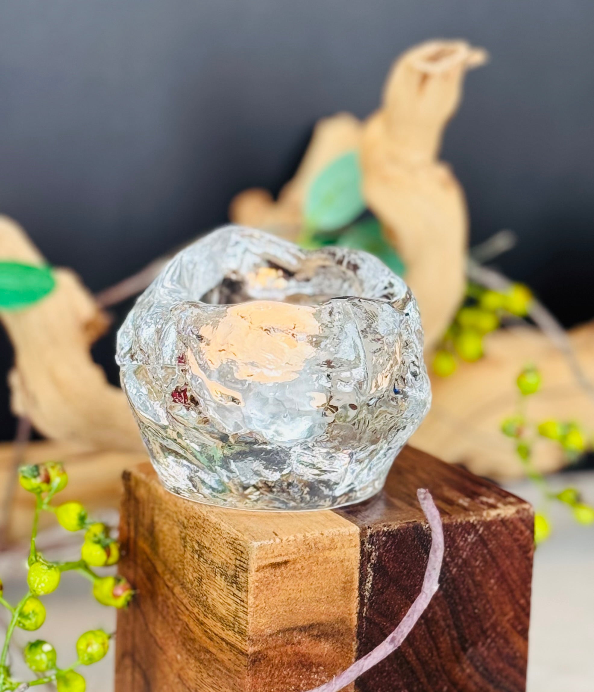 Vintage Ice Glass Votive — Textured Art Glass Candle Holder — Attributed to Blenko — 1970s