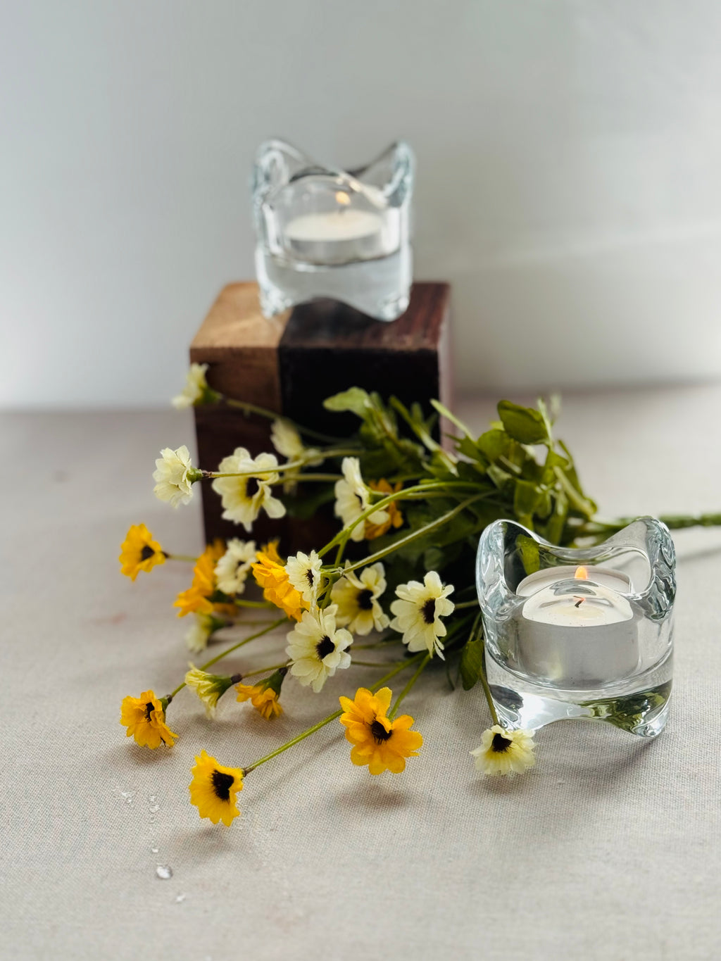 Pair of Heavy Sculptural Art Glass Tealight Candle Holders – Modern Minimalist
