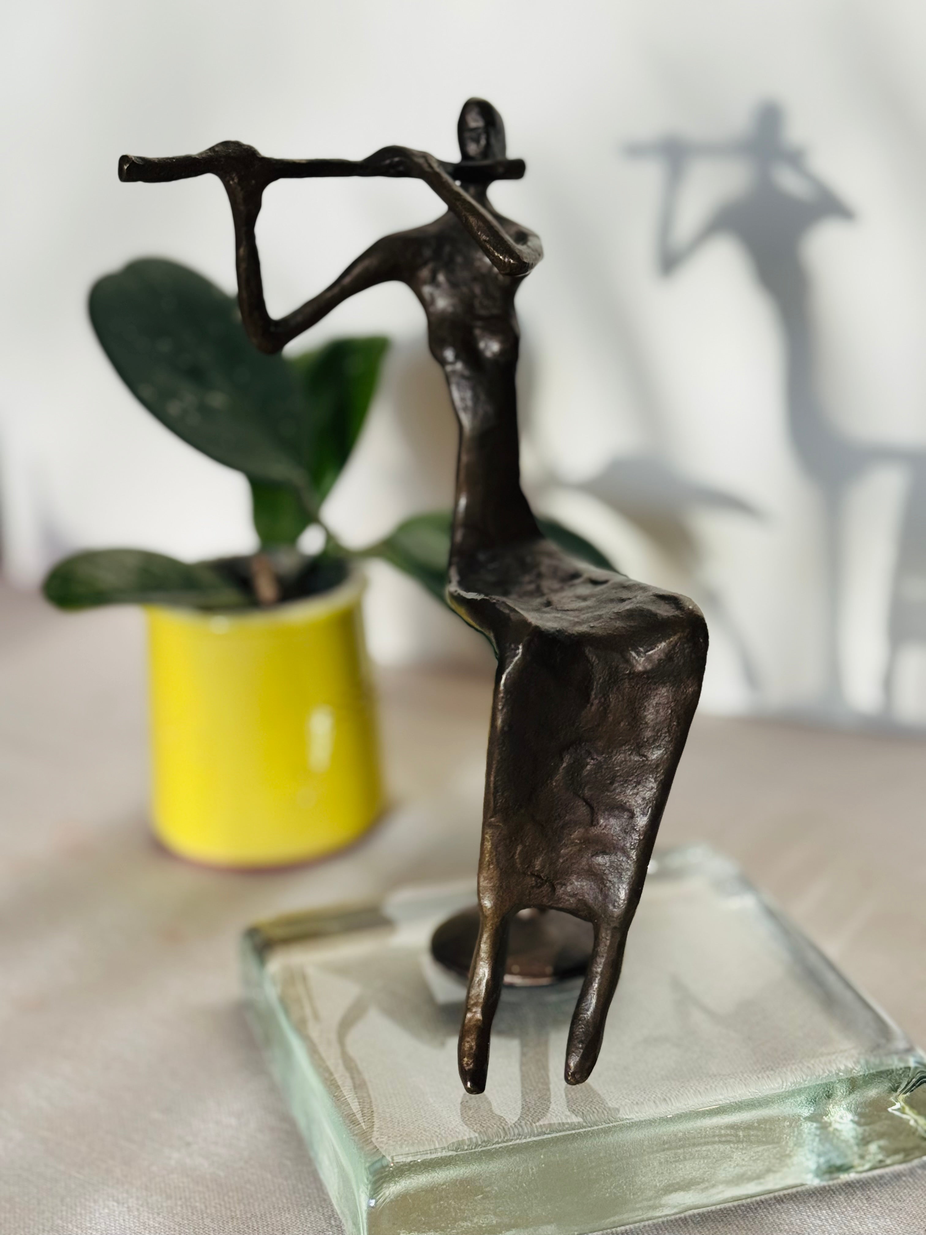 Abstract Bronze Musician Sculpture – Modernist Flute Player