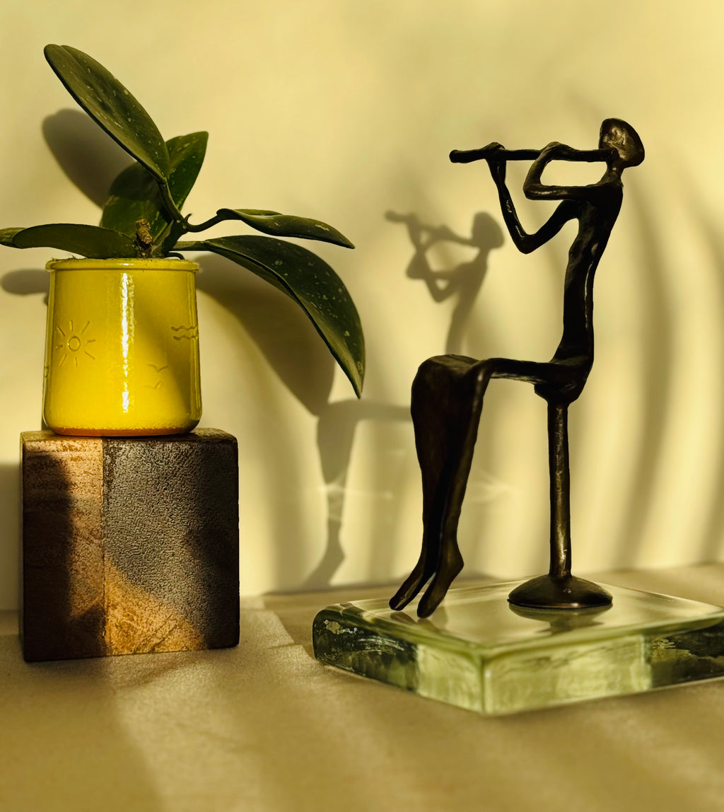 Abstract Bronze Musician Sculpture – Modernist Flute Player