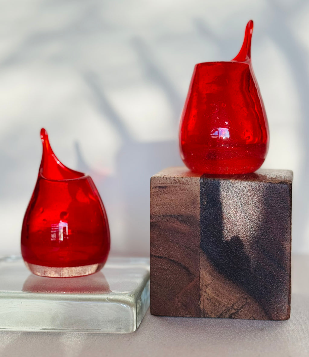 Pair of Hand-Blown Red Swung Glass Bud Vases