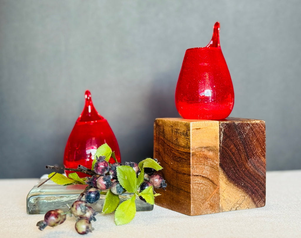 Pair of Hand-Blown Red Swung Glass Bud Vases