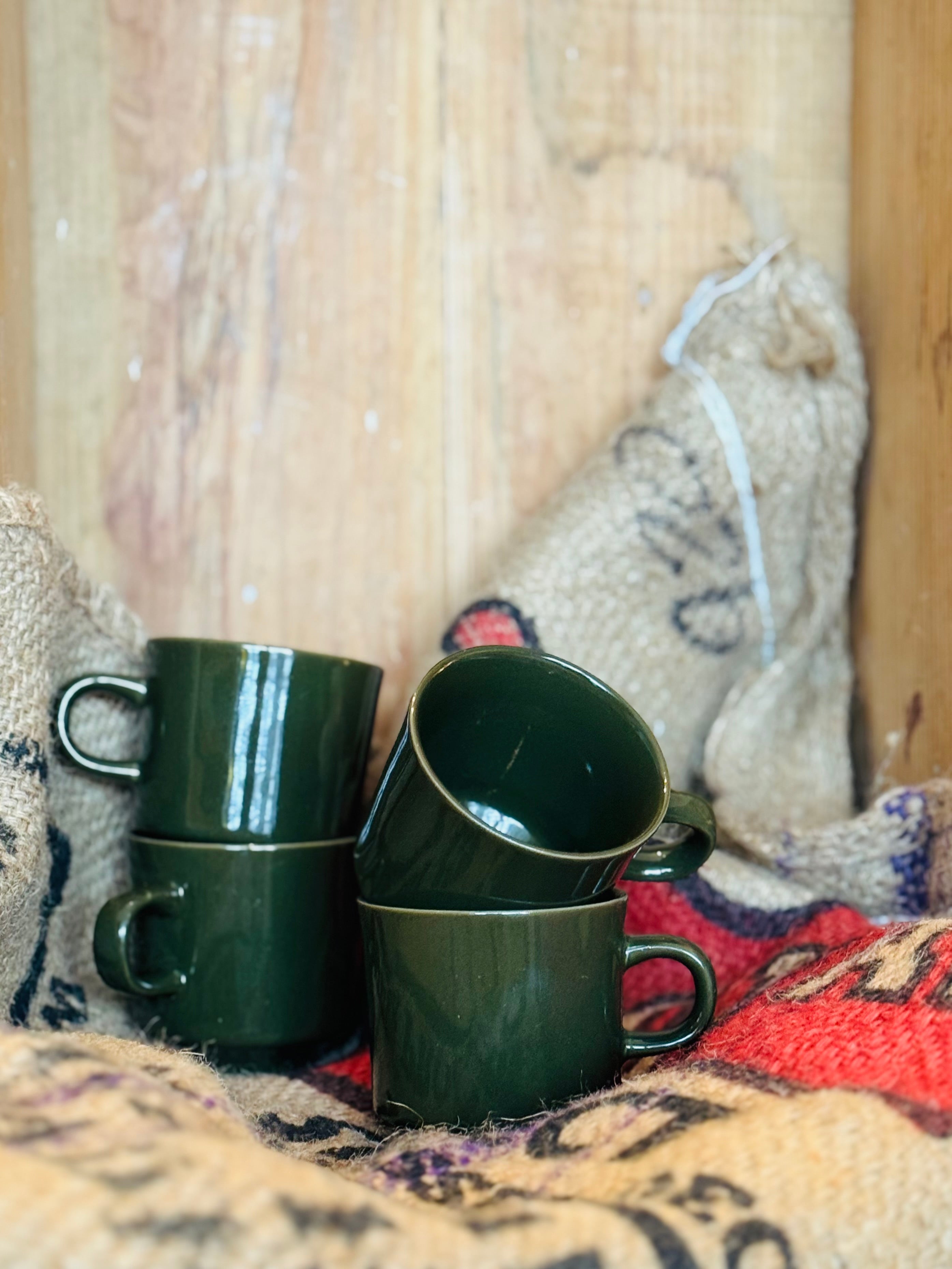 Vintage Sascha Brastoff Sidney Green Coffee Mugs – SMS California Pottery – Mid Century Modern Set of 4