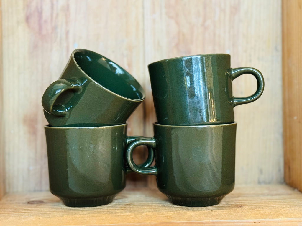 Vintage Sascha Brastoff Sidney Green Coffee Mugs – SMS California Pottery – Mid Century Modern Set of 4