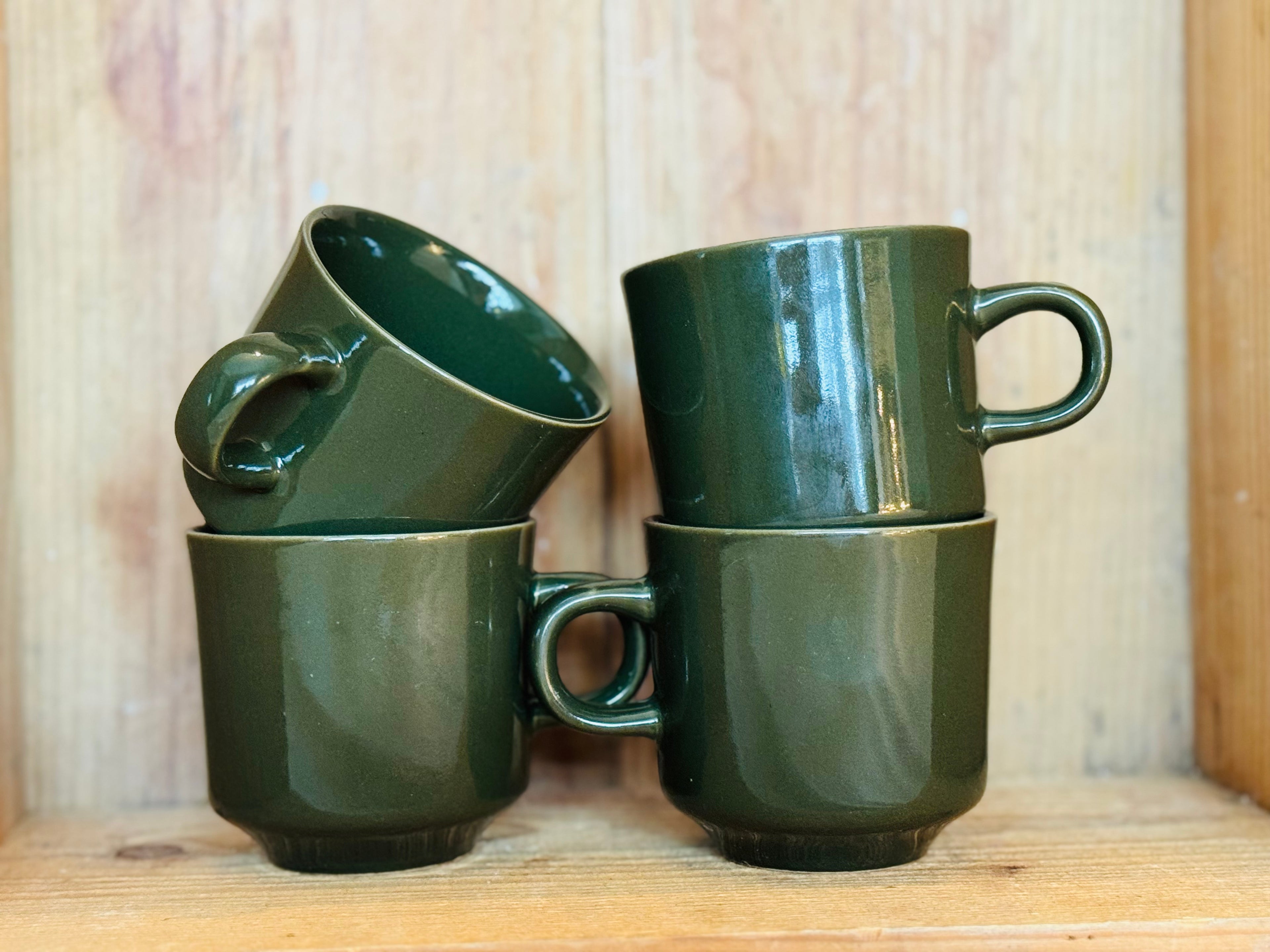 Vintage Sascha Brastoff Sidney Green Coffee Mugs – SMS California Pottery – Mid Century Modern Set of 4