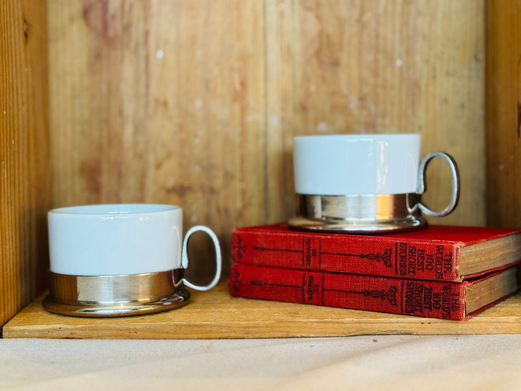 Vintage Rosenthal Germany Porcelain Coffee Cups with Metal Holders – Mid Century Modern – Set of 2