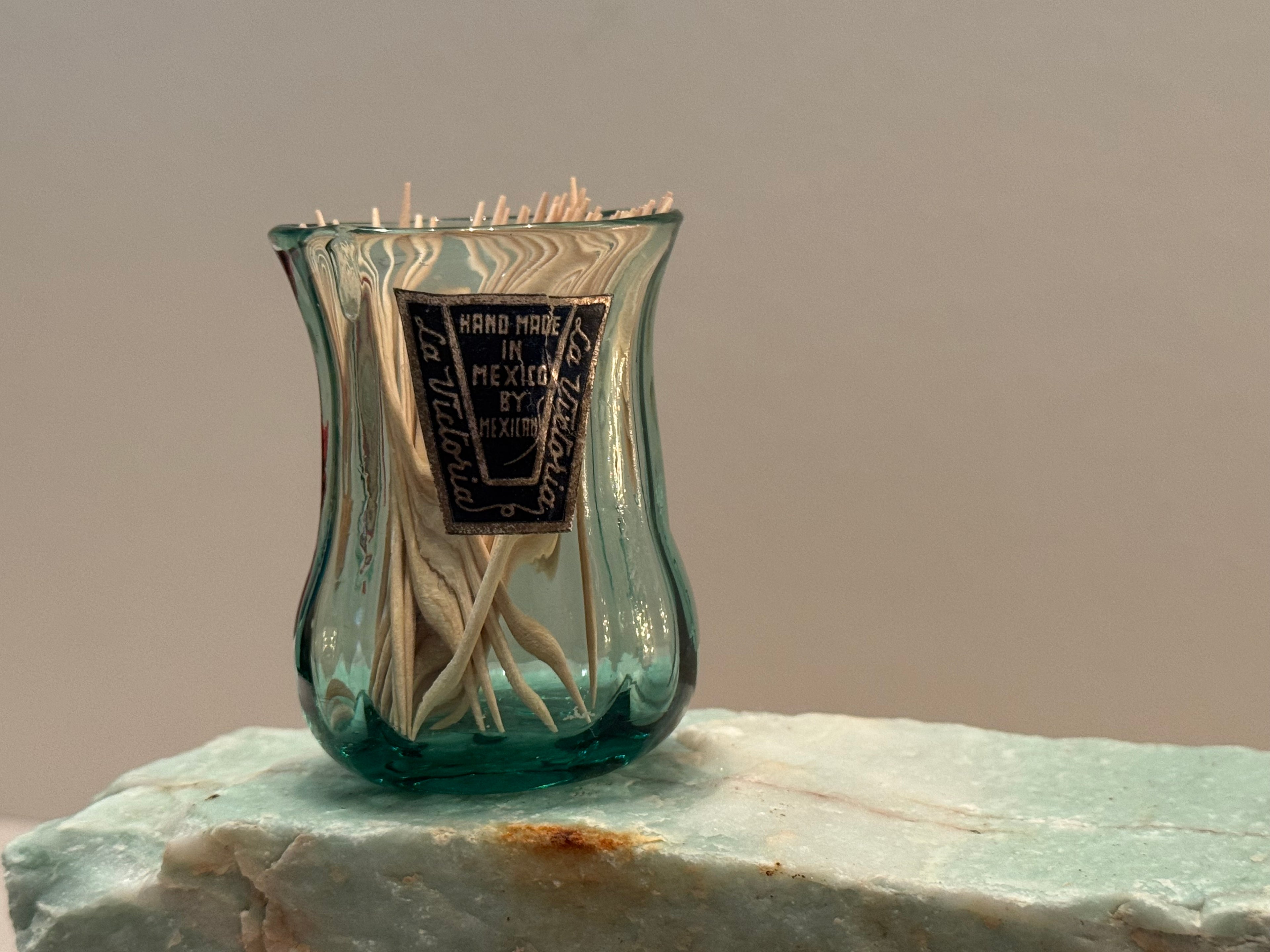 Vintage Hand-Blown Mexican Glass Toothpick Holder – Aqua Swirl – Original Label