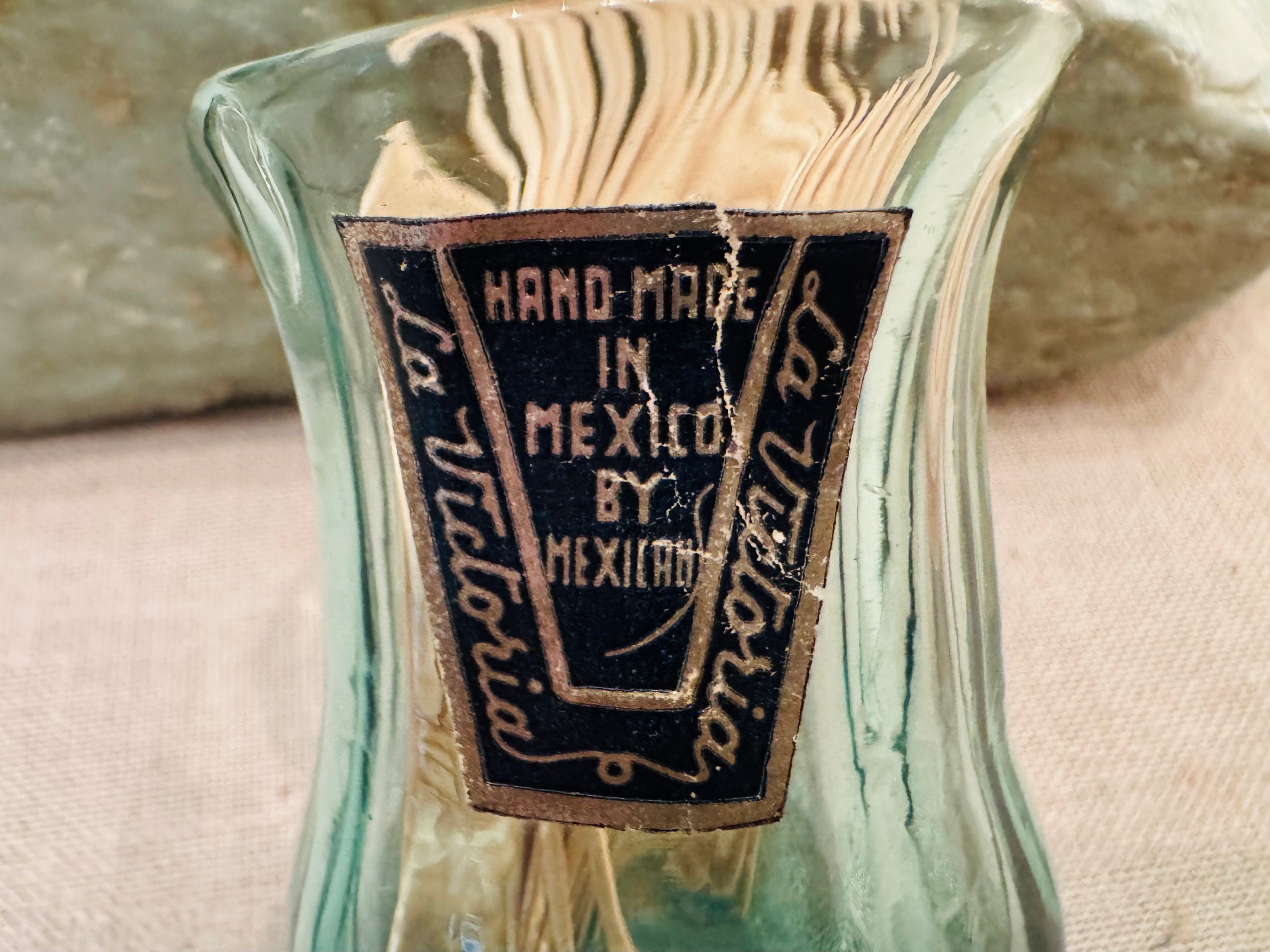 Vintage Hand-Blown Mexican Glass Toothpick Holder – Aqua Swirl – Original Label