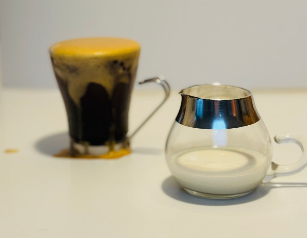 Vintage Vitrosax Italian Glass Espresso Cups with Stainless Handles – Set of 4 + Creamer
