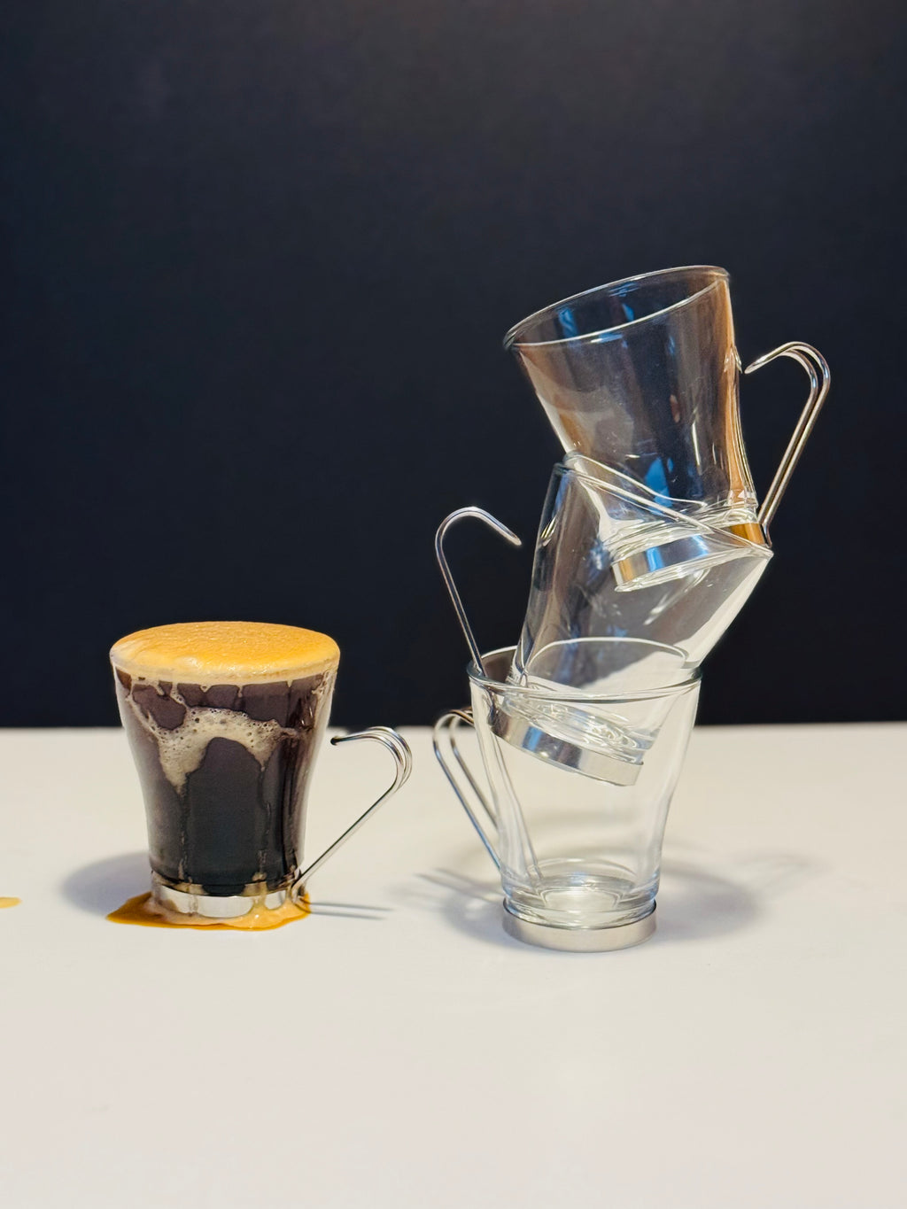 Vintage Vitrosax Italian Glass Espresso Cups with Stainless Handles – Set of 4 + Creamer