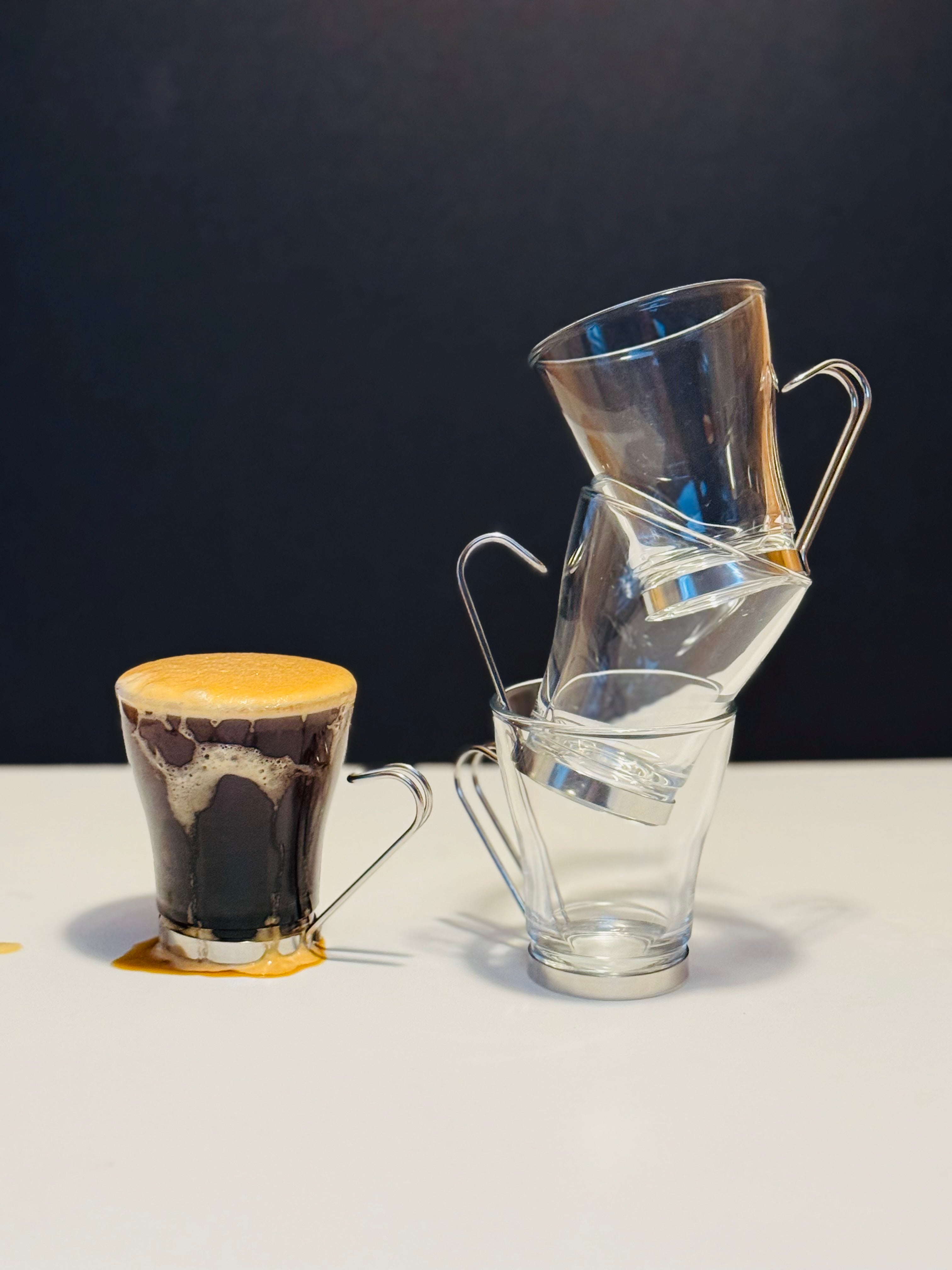 Vintage Vitrosax Italian Glass Espresso Cups with Stainless Handles – Set of 4 + Creamer